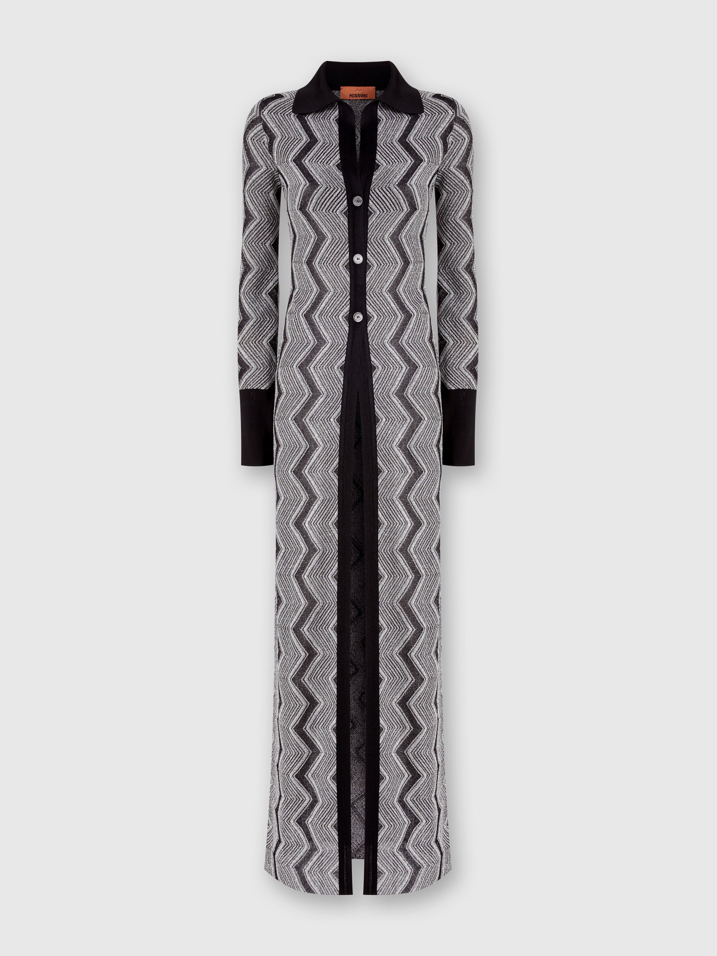 Long zig zag lamé viscose cardigan, Black & Silver - 0