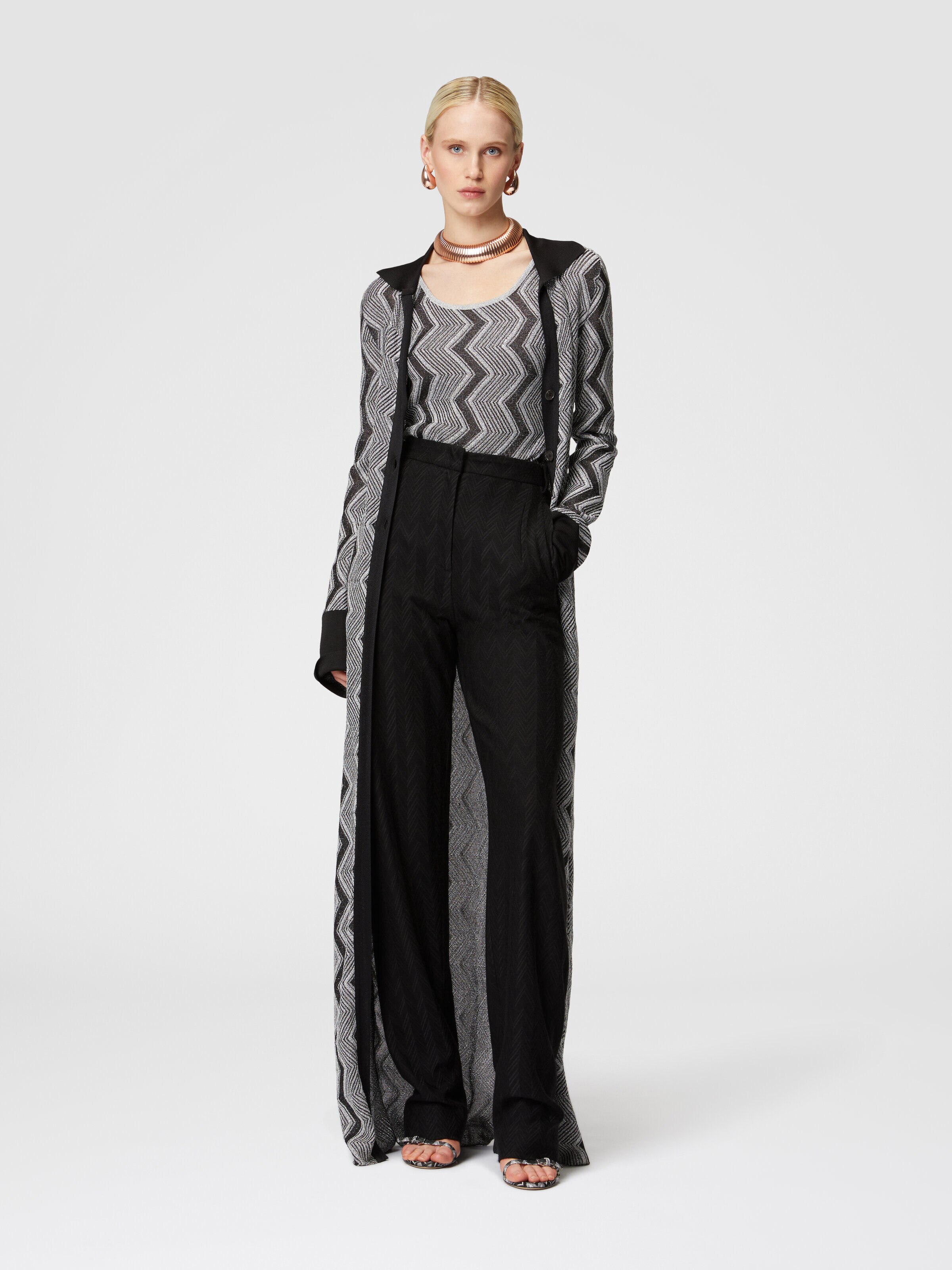 Long zig zag lamé viscose cardigan, Black & Silver - 1