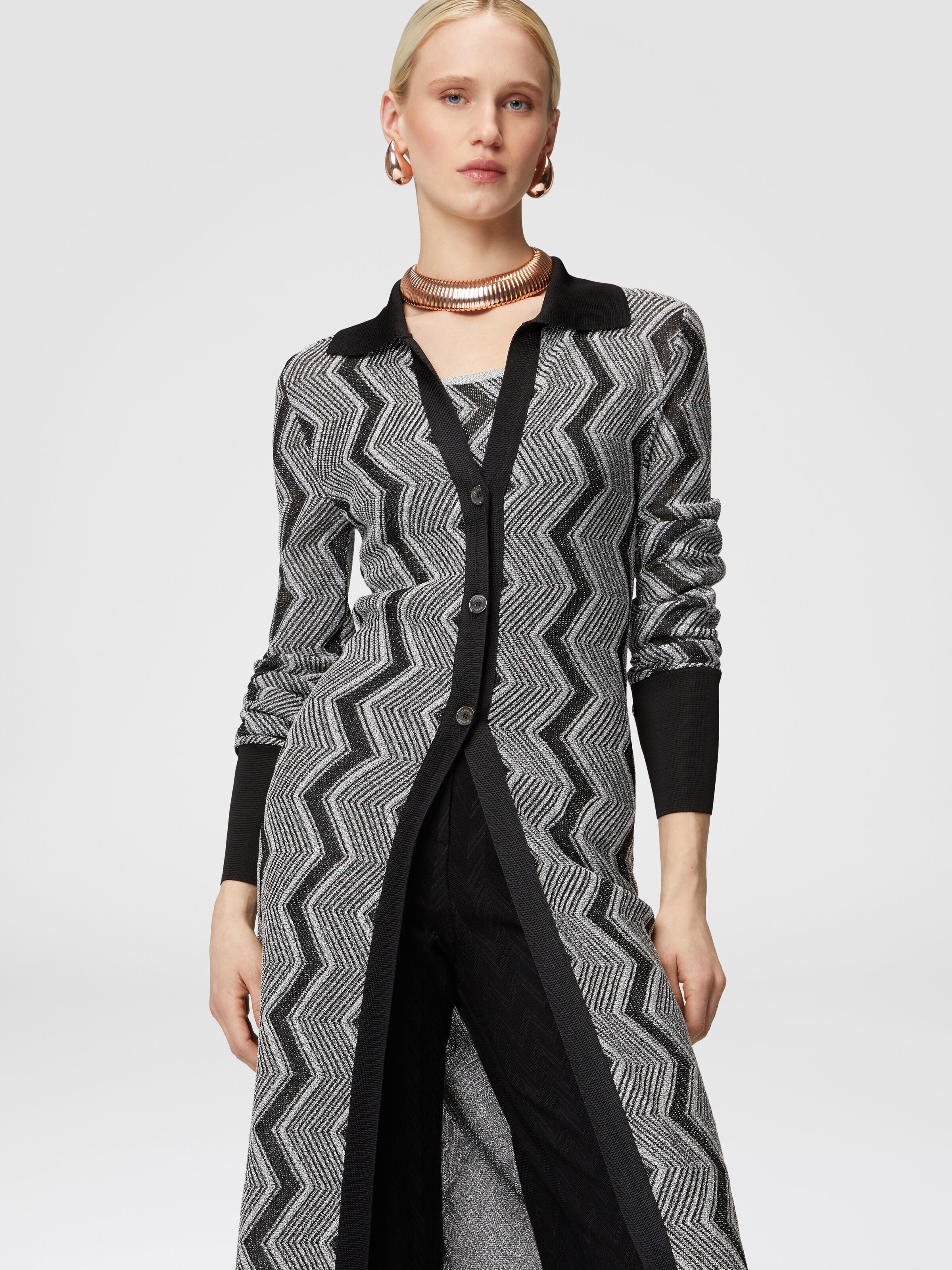 Long zig zag lamé viscose cardigan, Black & Silver - 3