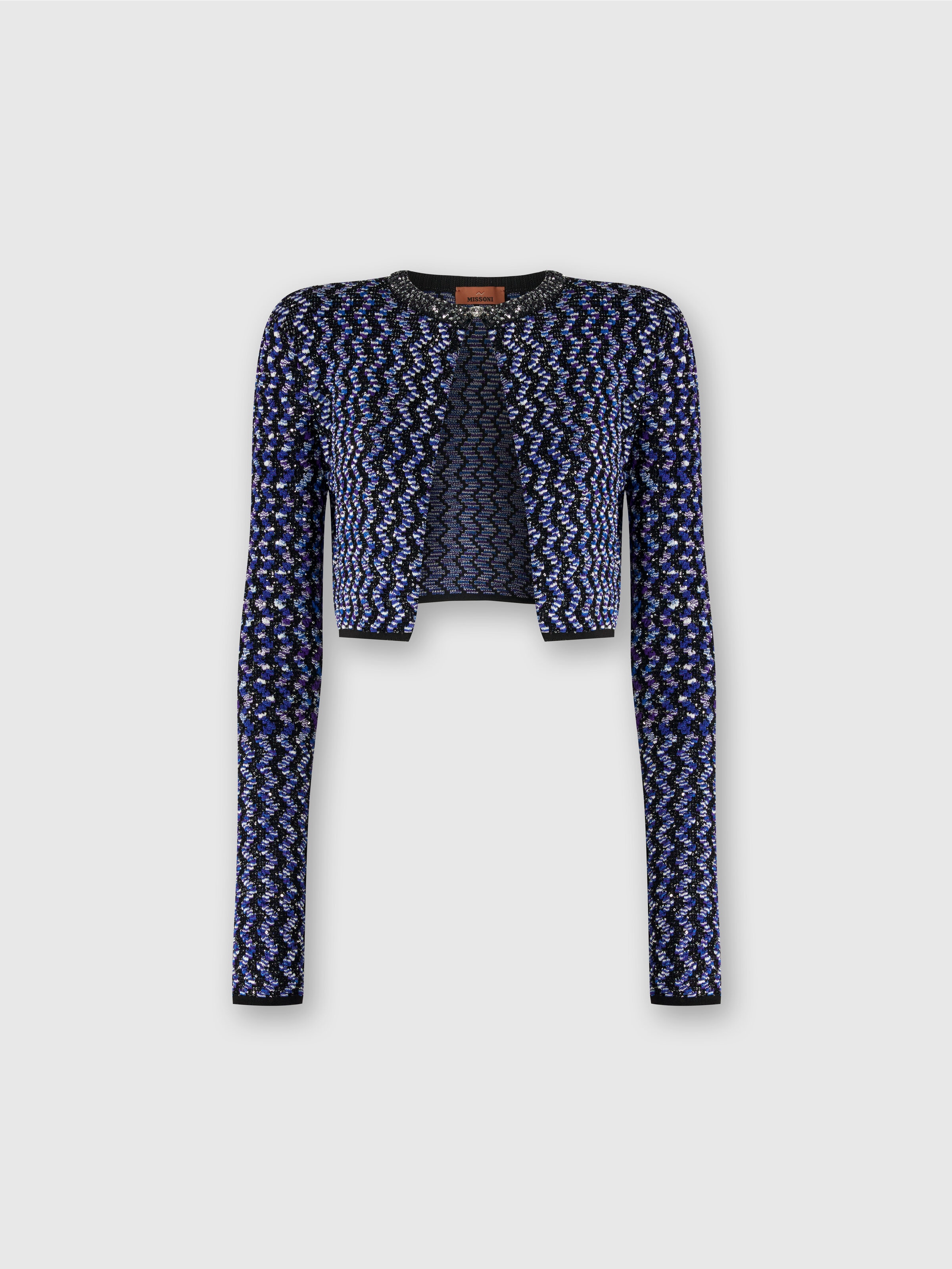 Cardigan zigzag gaufré à sequins, Noir    - 0