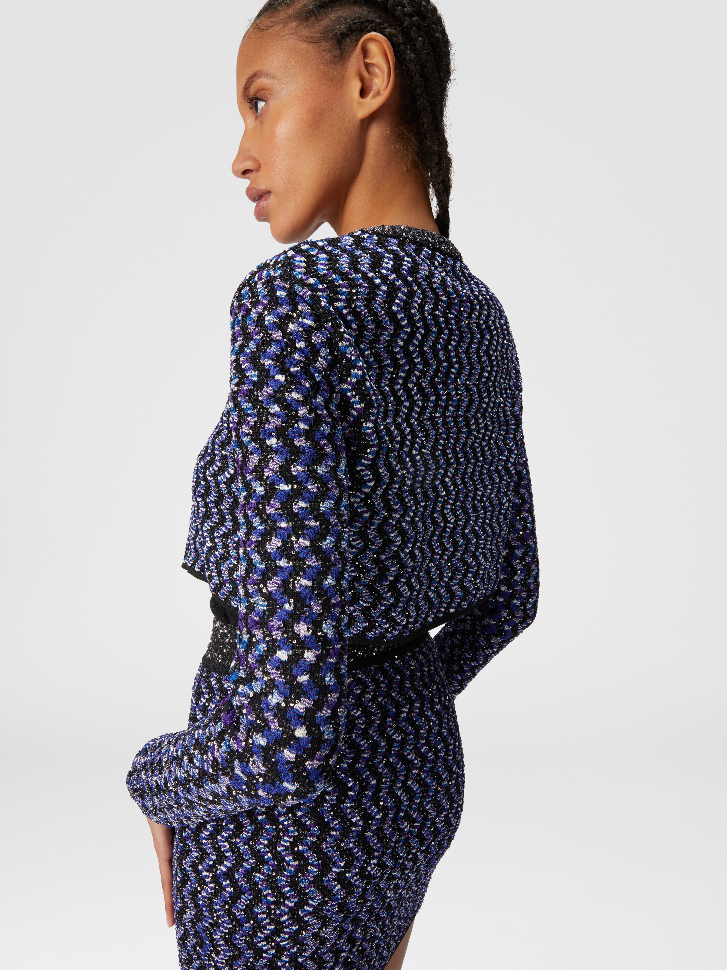 Cardigan zigzag gaufré à sequins, Noir    - 3