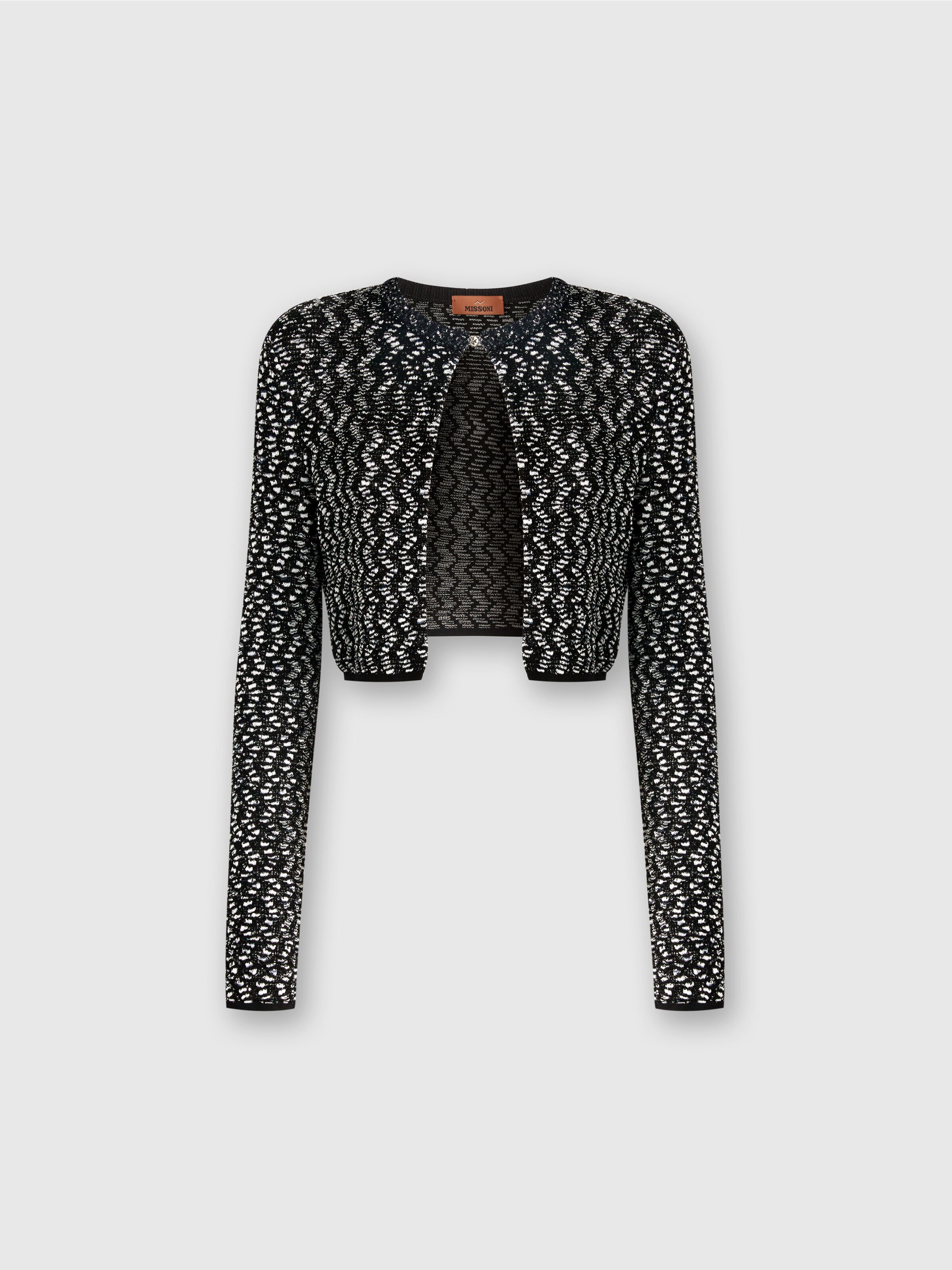 Embossed zig zag cardigan with sequins, Black    - 0