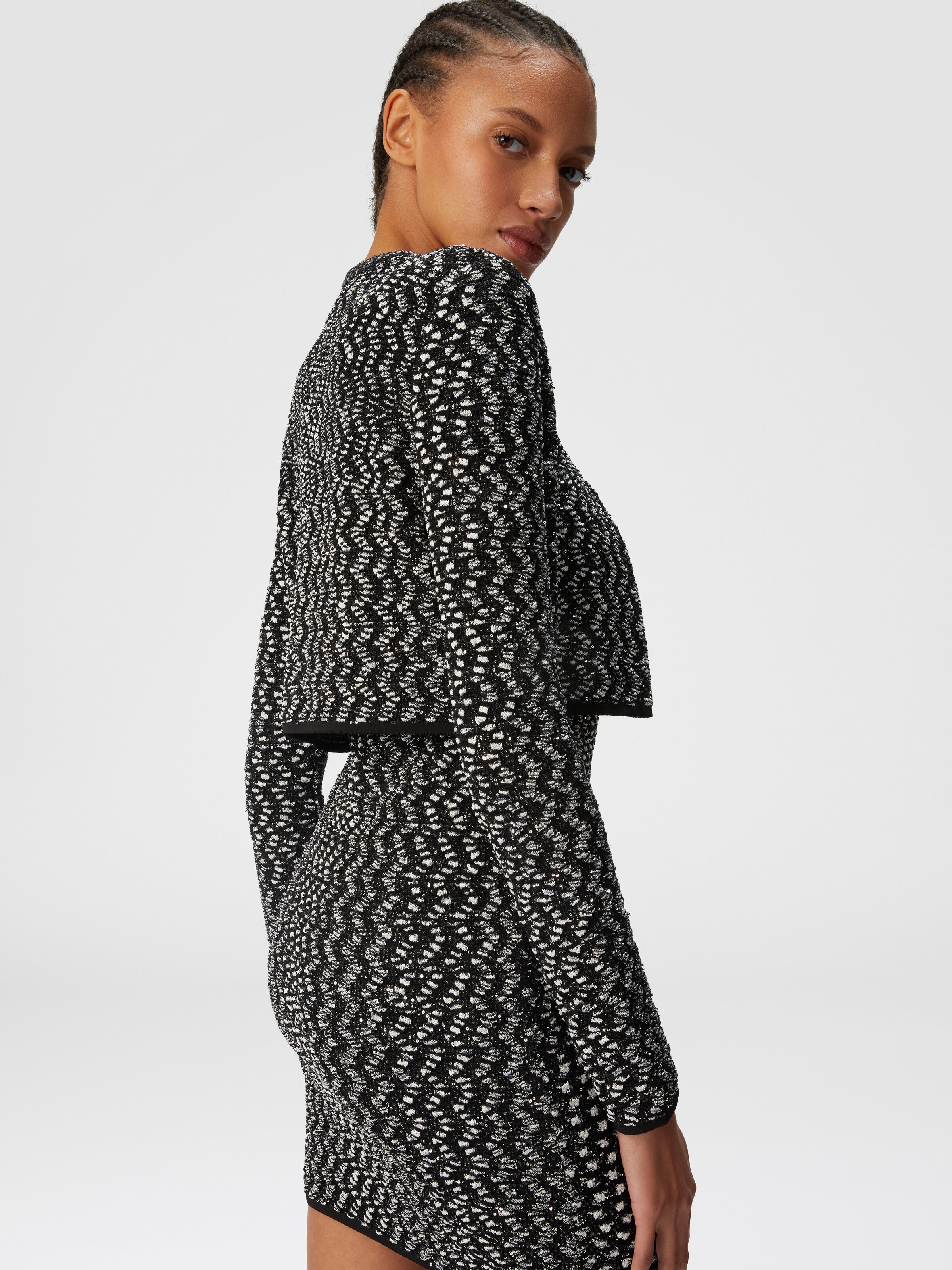 Embossed zig zag cardigan with sequins, Black    - 4