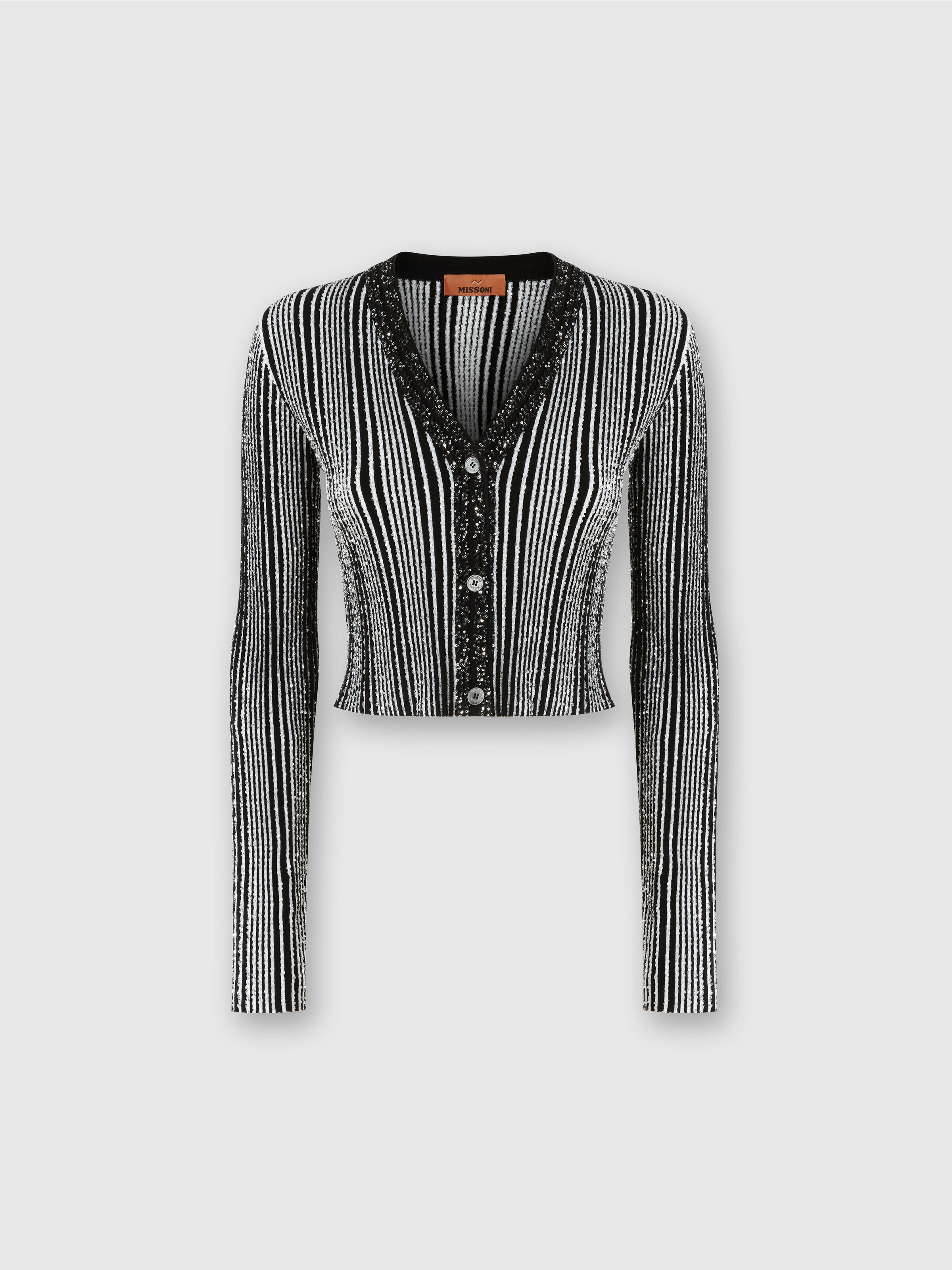 Ribbed ribbed crop cardigan with sequins, Black & White - 0