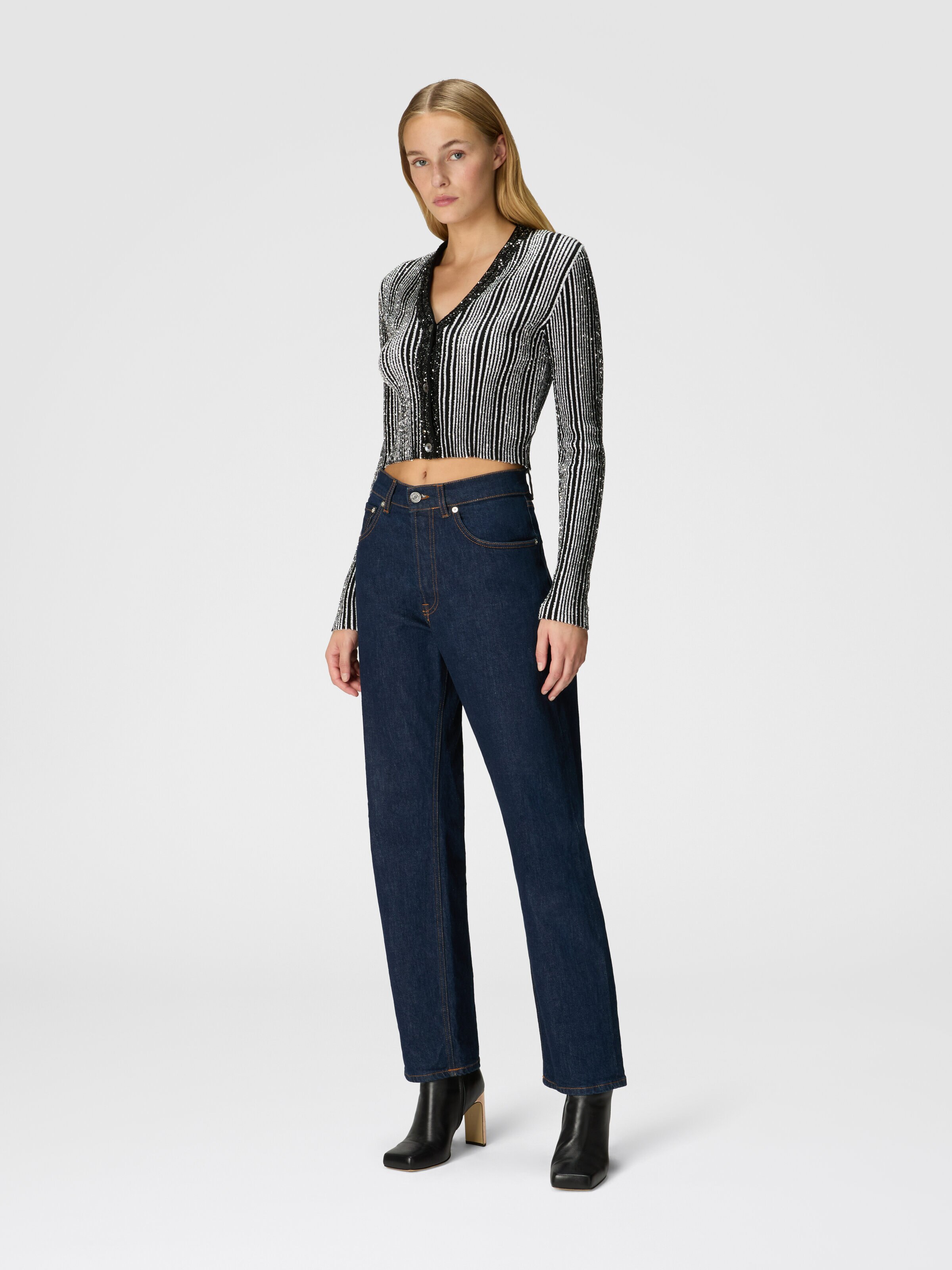 Ribbed ribbed crop cardigan with sequins, Black & White - 1