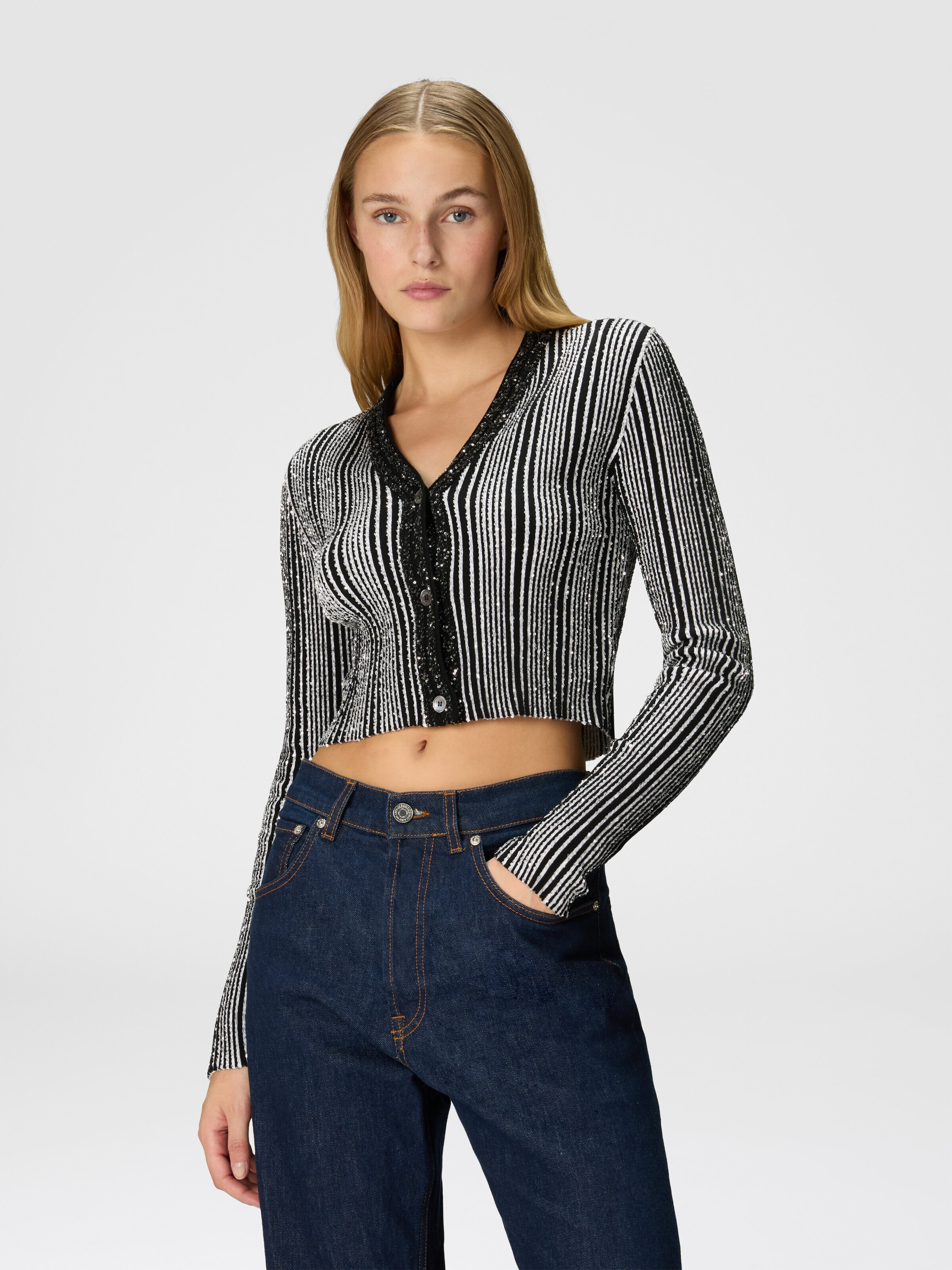Ribbed ribbed crop cardigan with sequins, Black & White - 3
