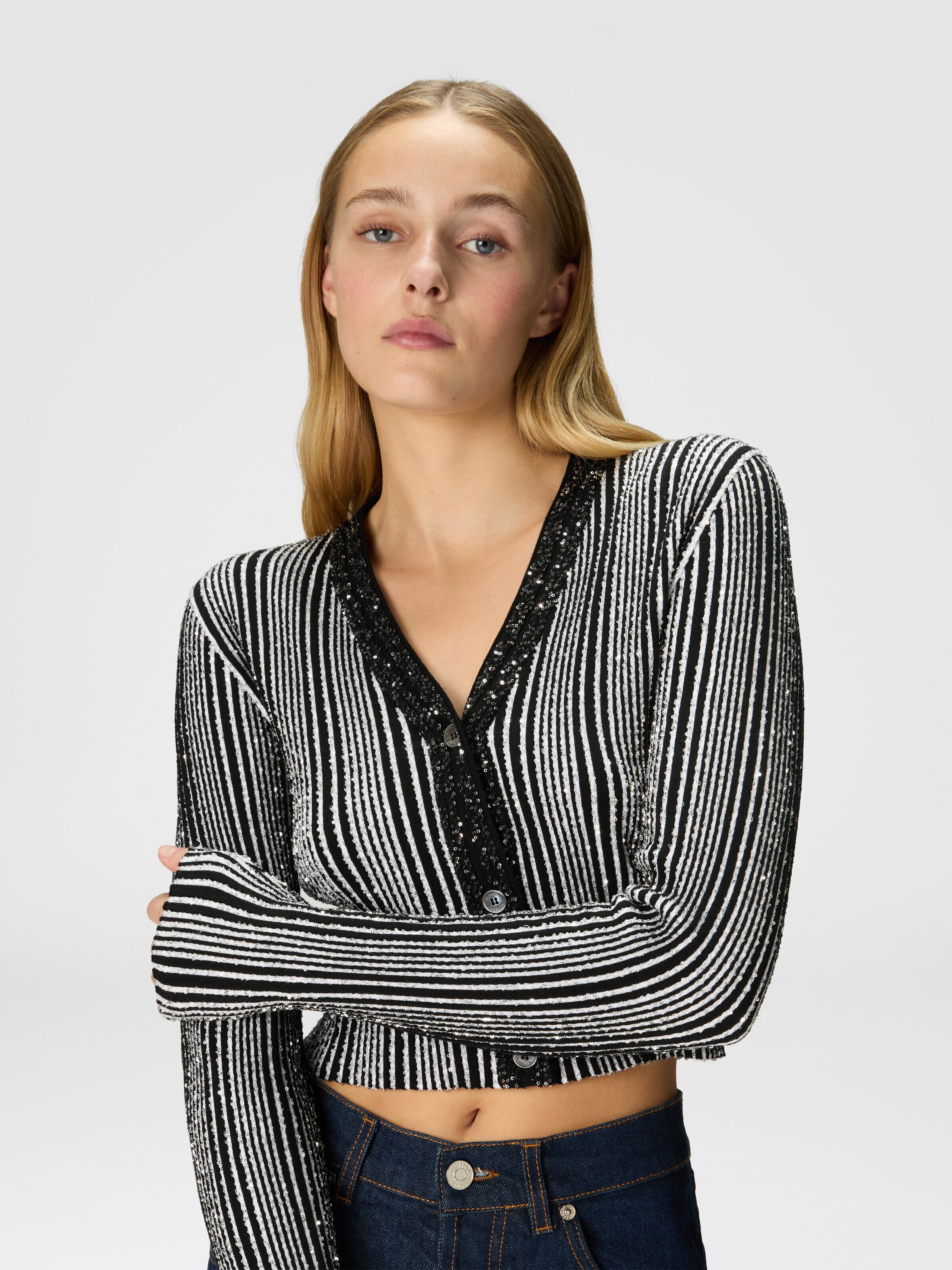 Ribbed ribbed crop cardigan with sequins, Black & White - 4