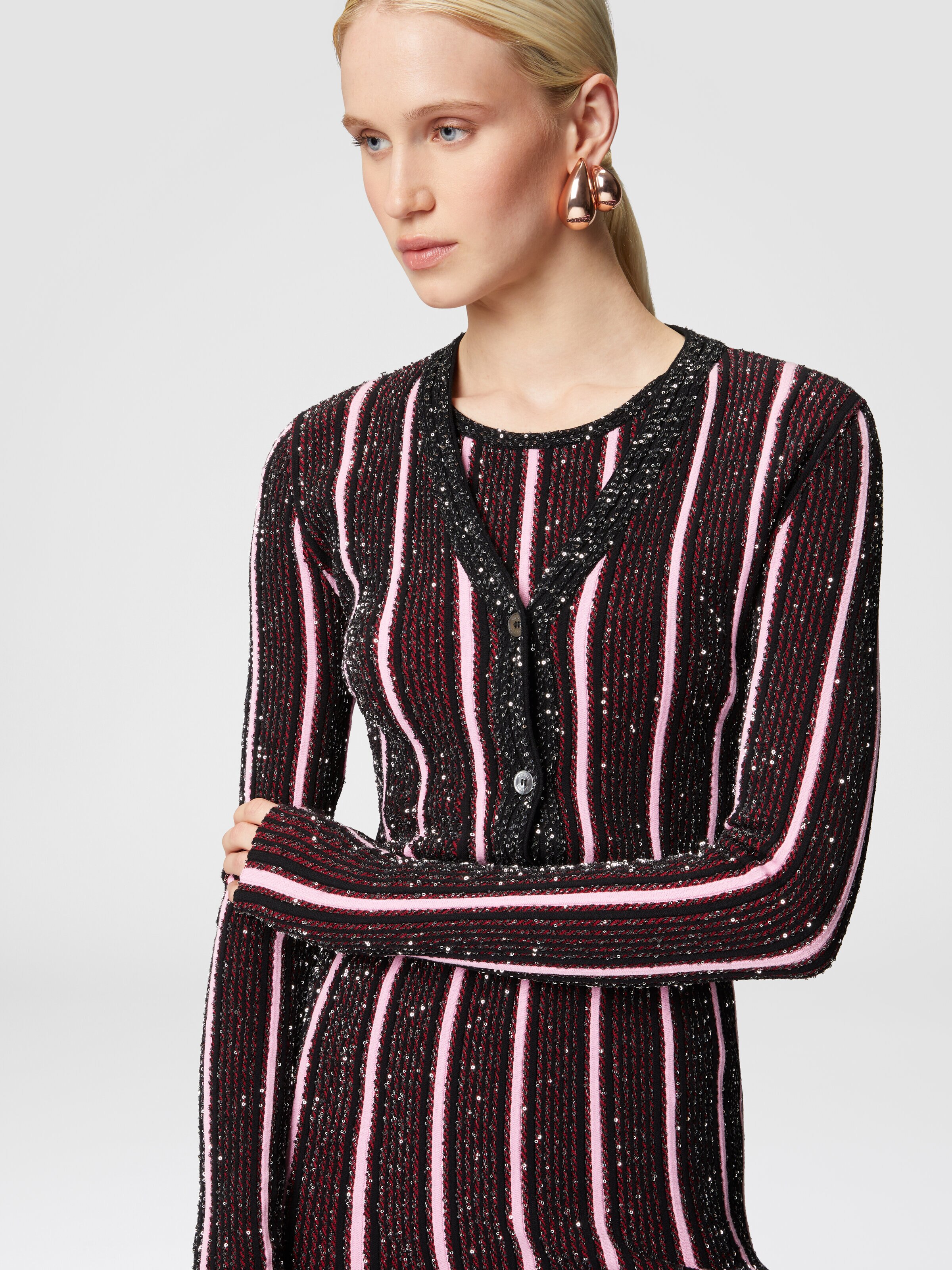 Ribbed ribbed crop cardigan with sequins, Red  & Black - 3
