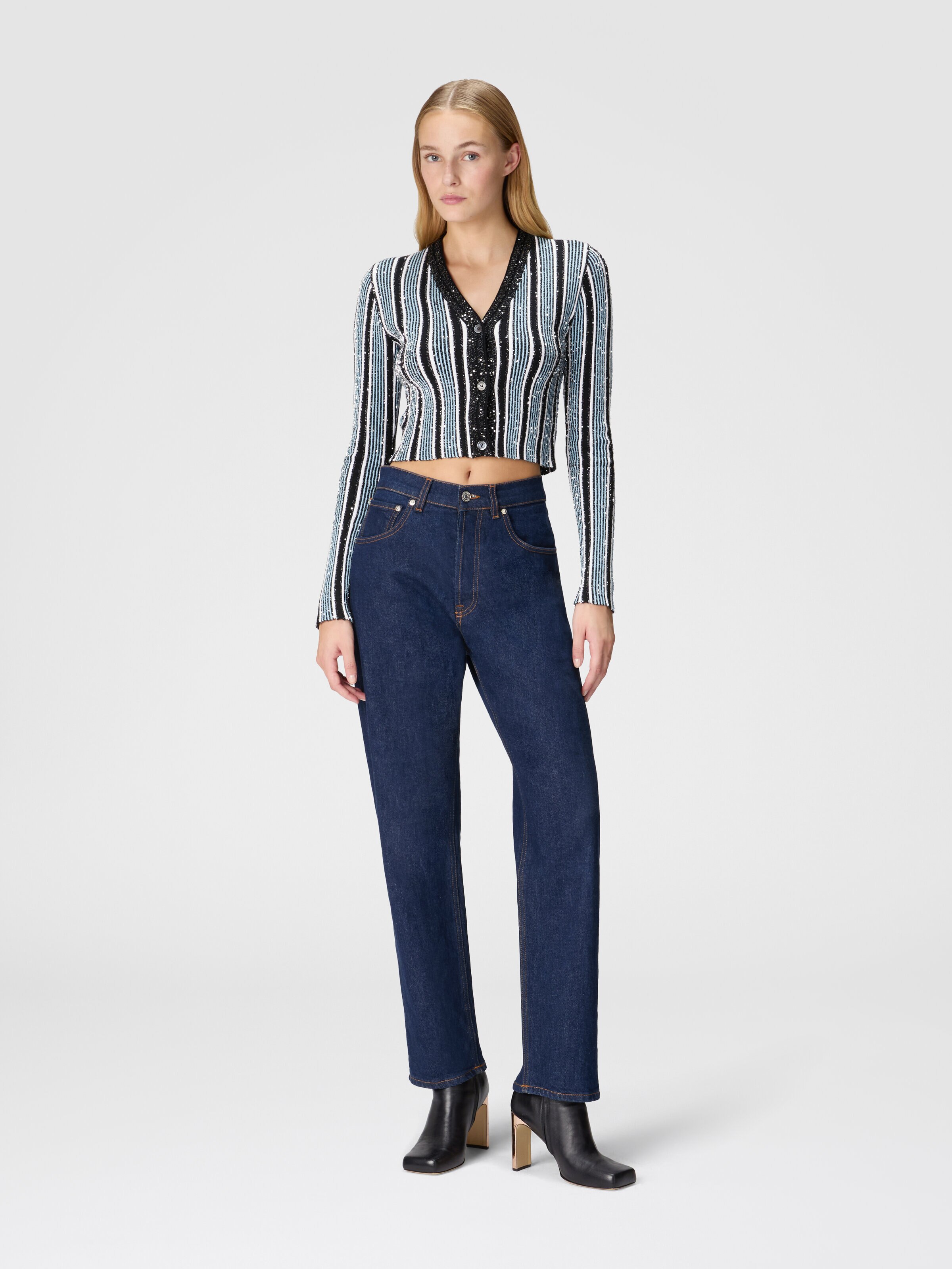 Ribbed ribbed crop cardigan with sequins, Black & Light Blue - 1
