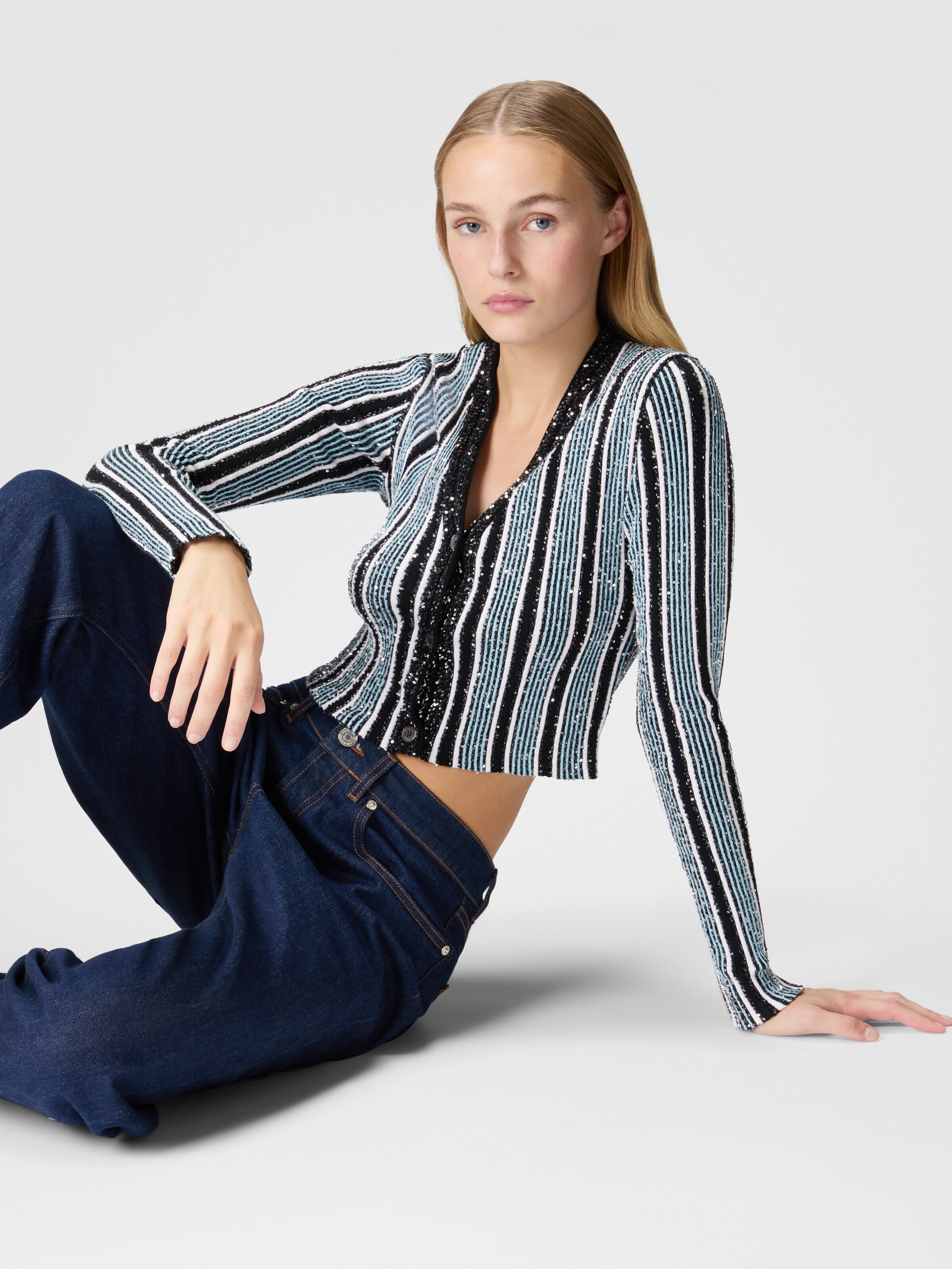 Ribbed ribbed crop cardigan with sequins, Black & Light Blue - 3