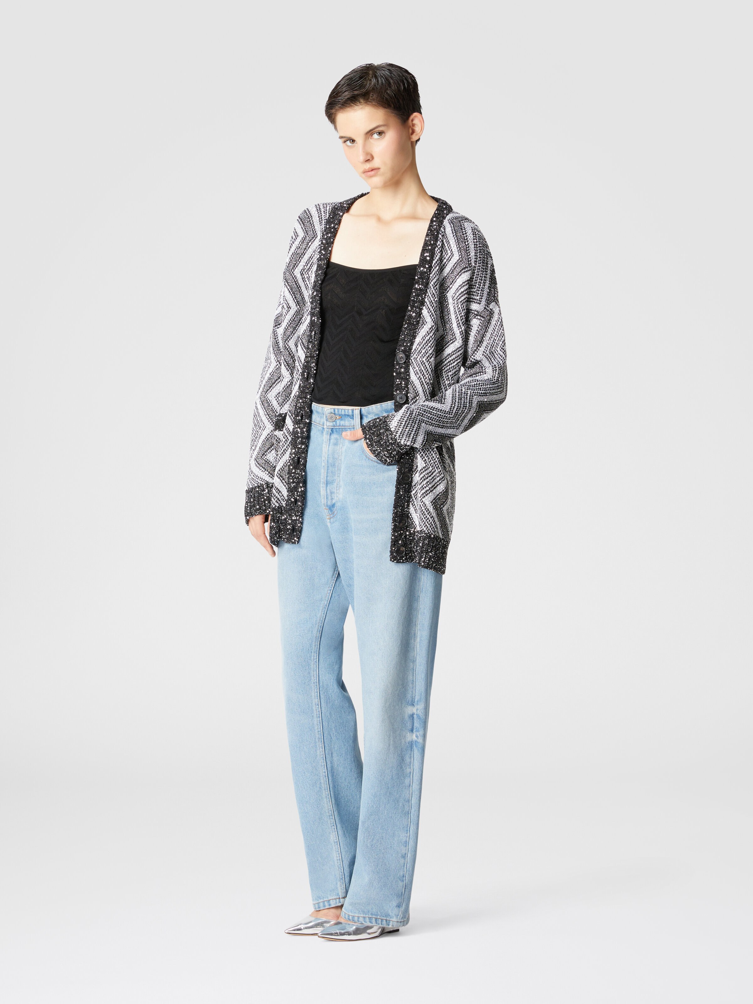 Oversized cardigan with macro zig zag and sequins, Black & Silver - 1