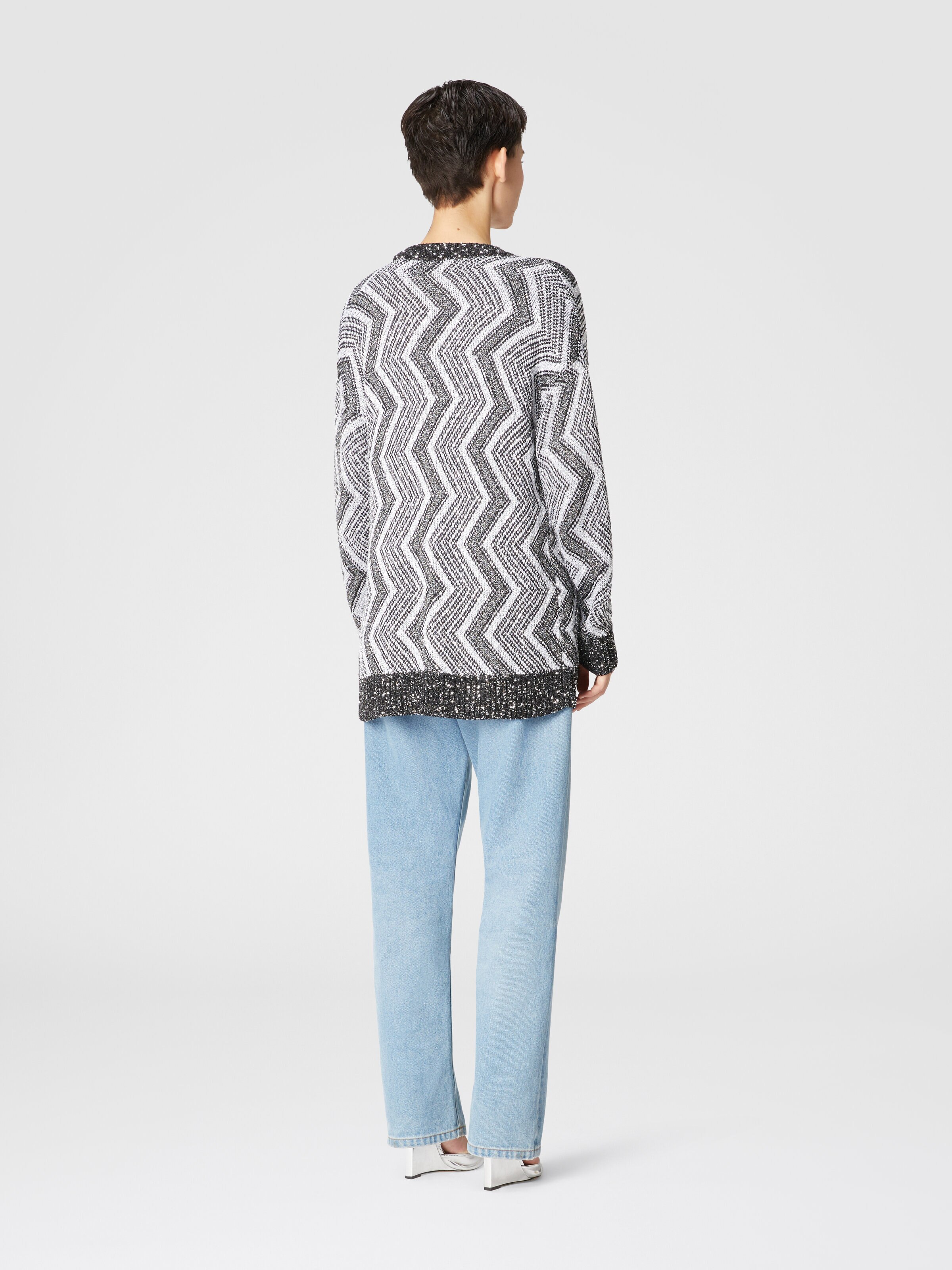 Oversized cardigan with macro zig zag and sequins, Black & Silver - 2