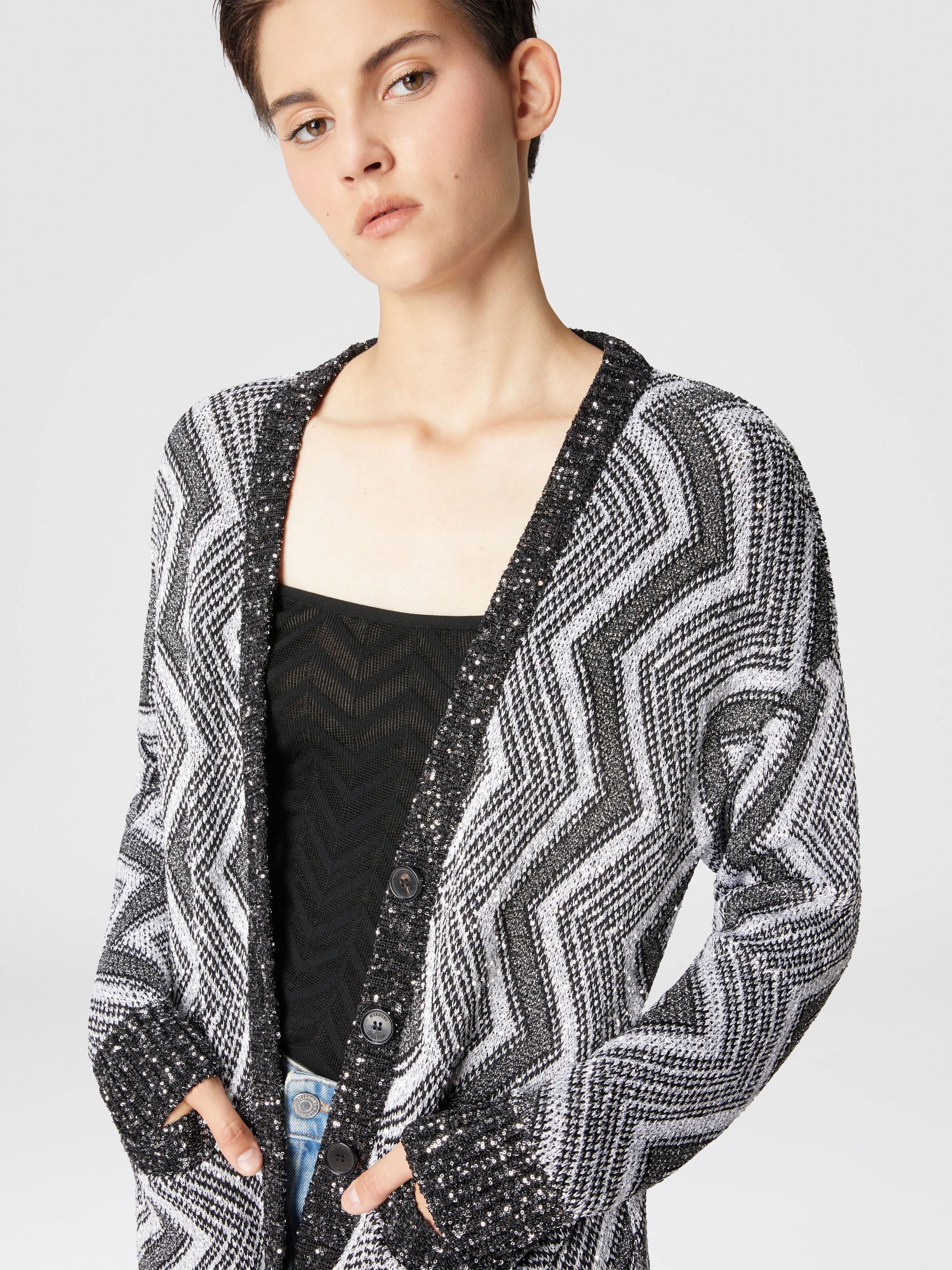 Oversized cardigan with macro zig zag and sequins, Black & Silver - 3