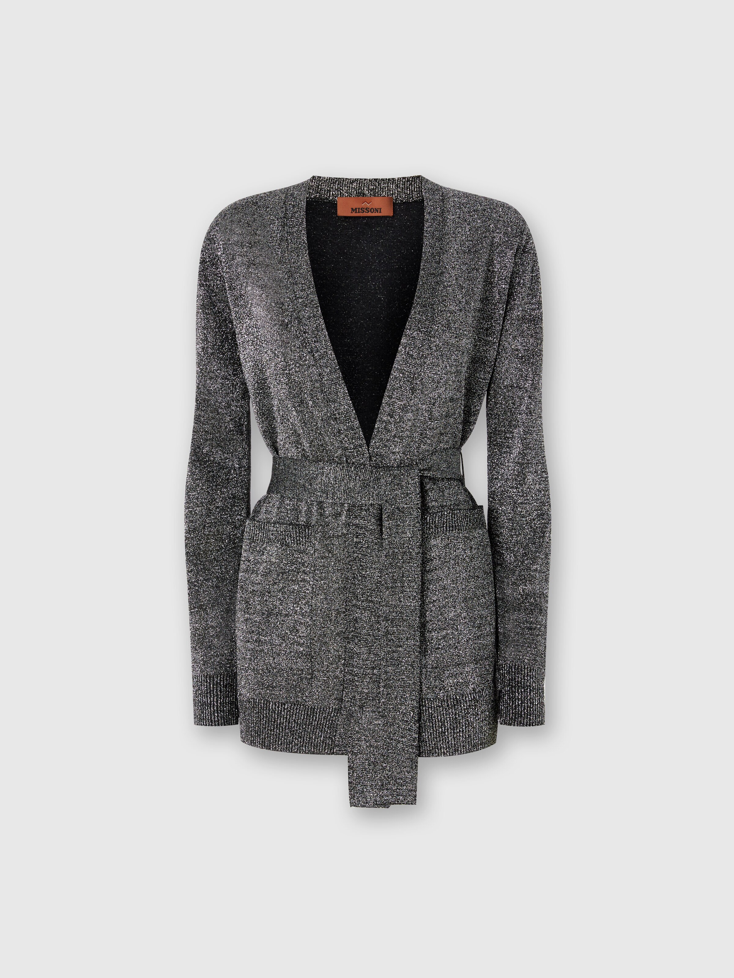 Glitter-effect viscose cardigan with belt, Black & Silver - 0