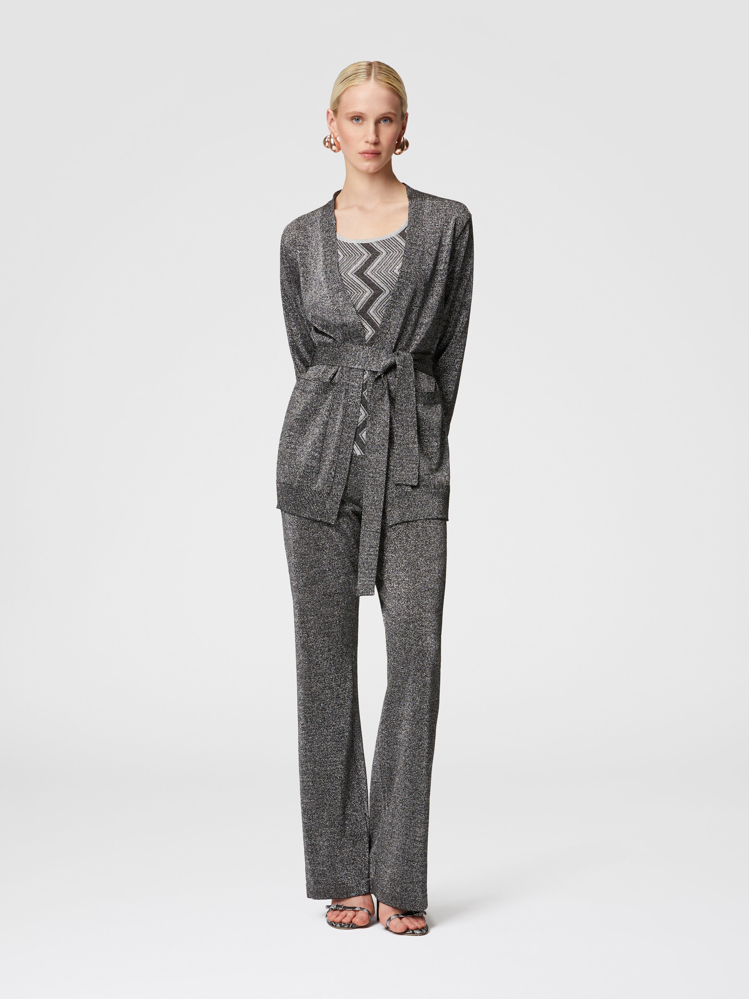 Glitter-effect viscose cardigan with belt, Black & Silver - 1