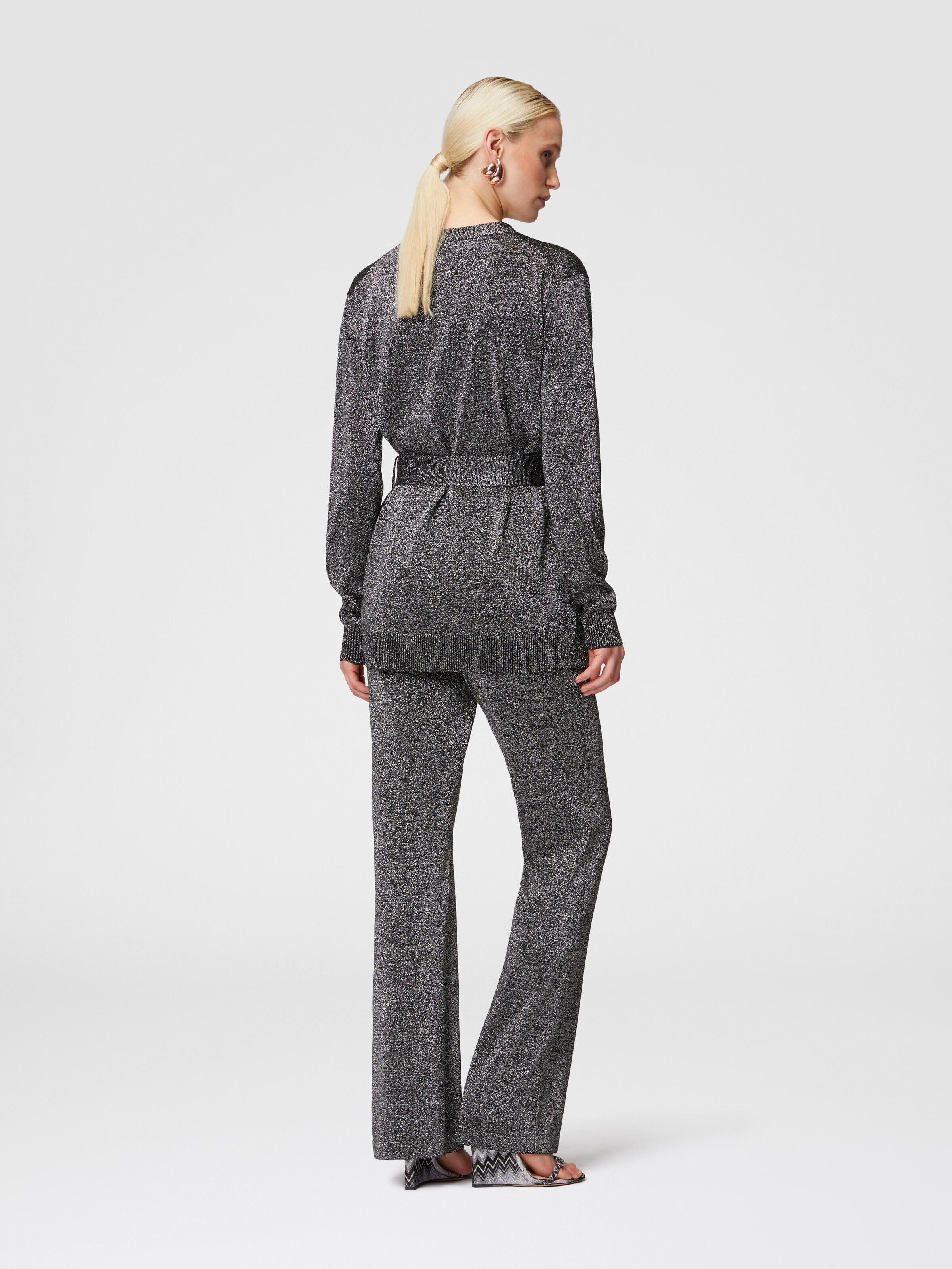 Glitter-effect viscose cardigan with belt, Black & Silver - 2