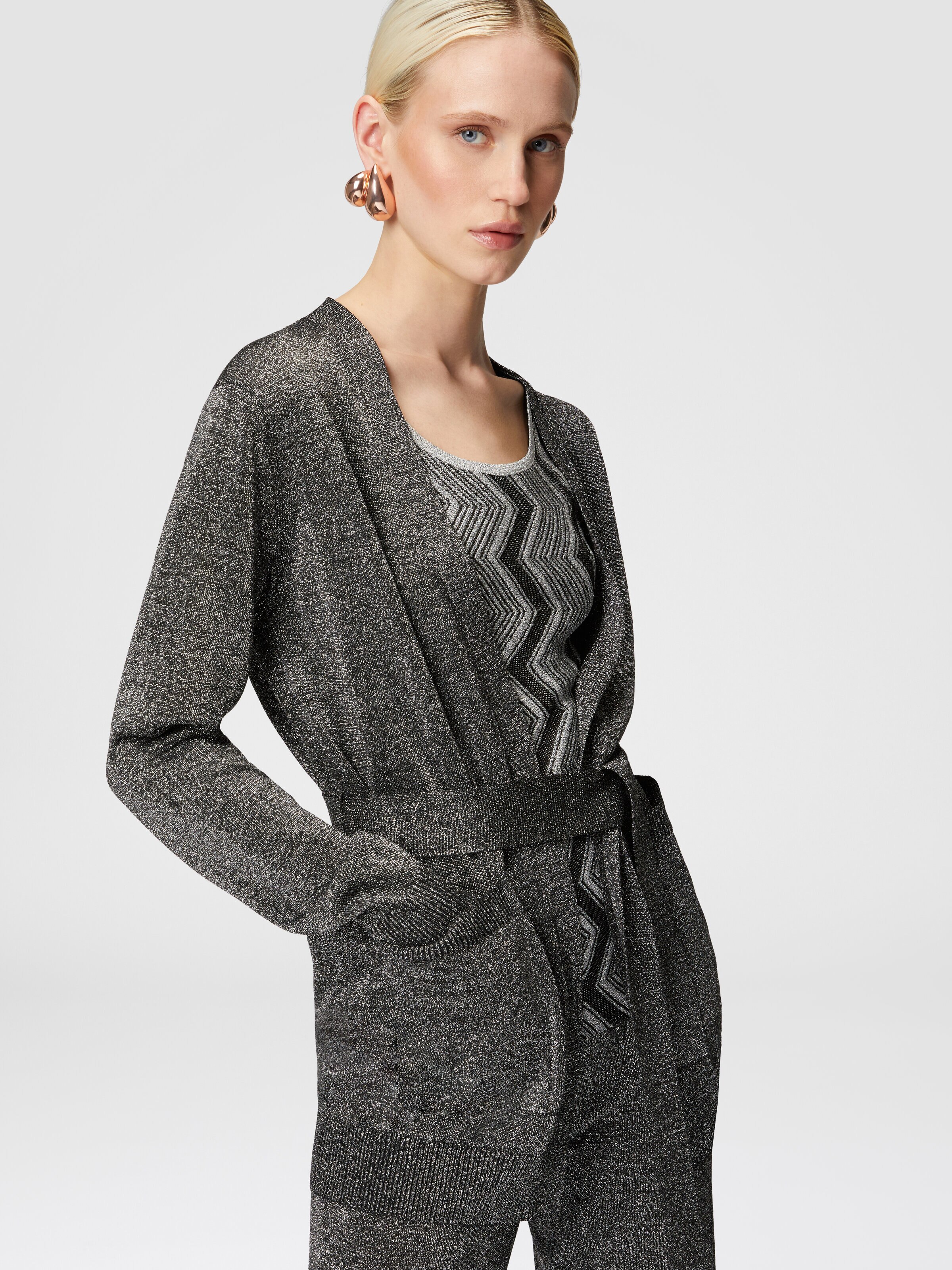 Glitter-effect viscose cardigan with belt, Black & Silver - 3