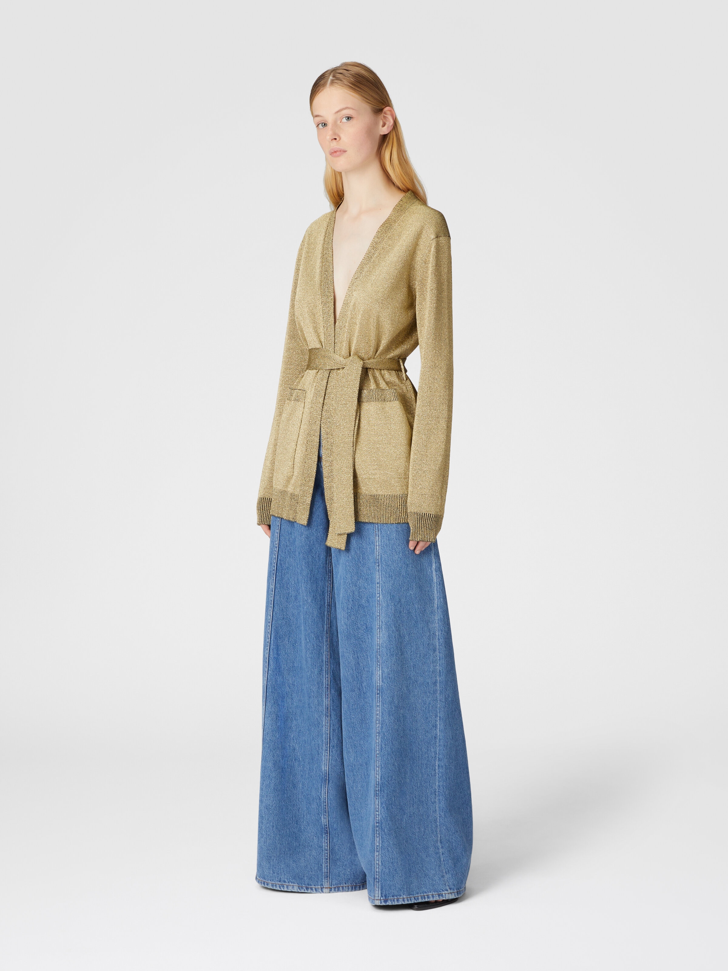 Glitter-effect viscose cardigan with belt, Black & Gold - 1