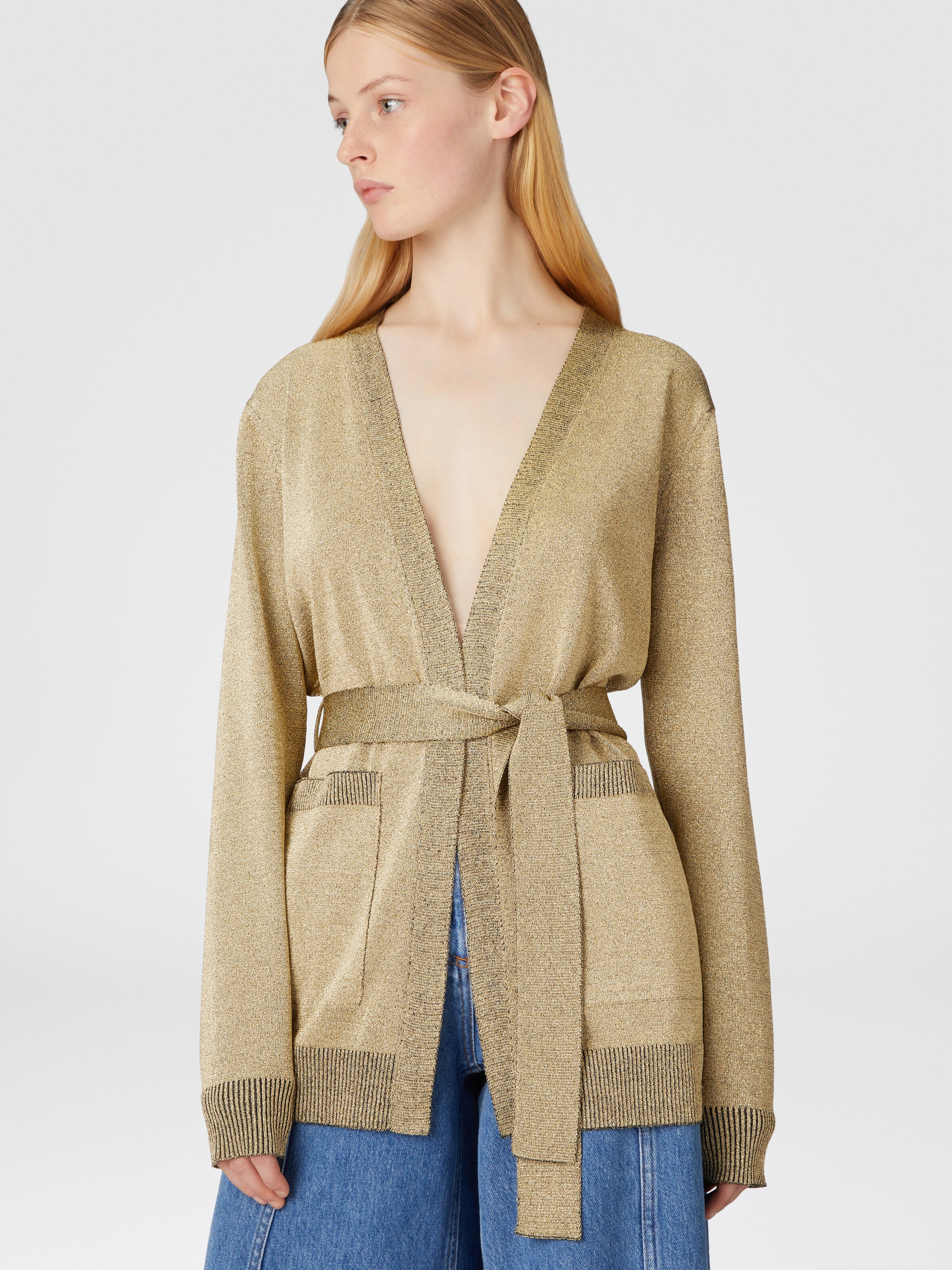 Glitter-effect viscose cardigan with belt, Black & Gold - 3