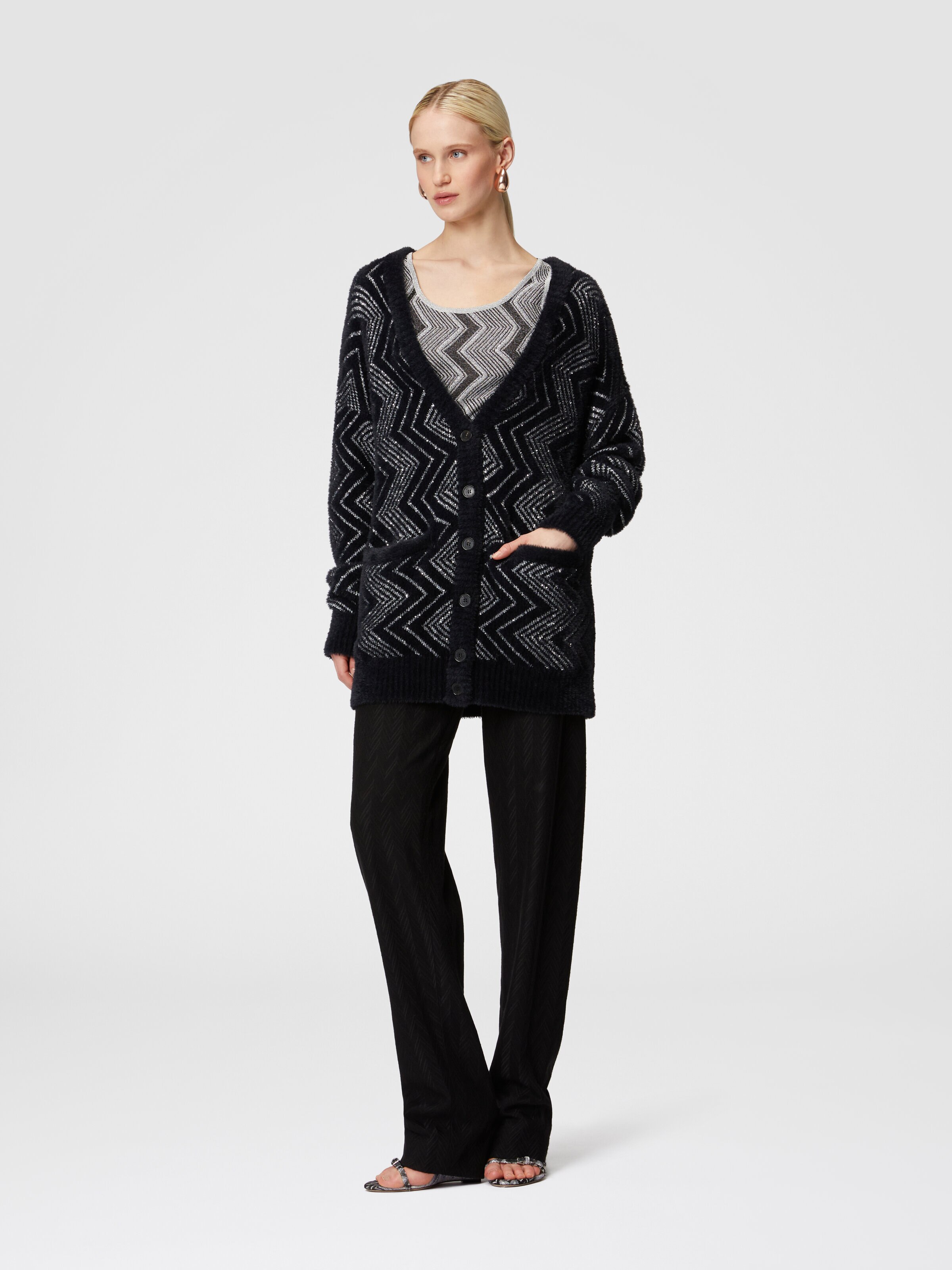 Oversized zig zag cardigan with sequins, Black & Silver - 1