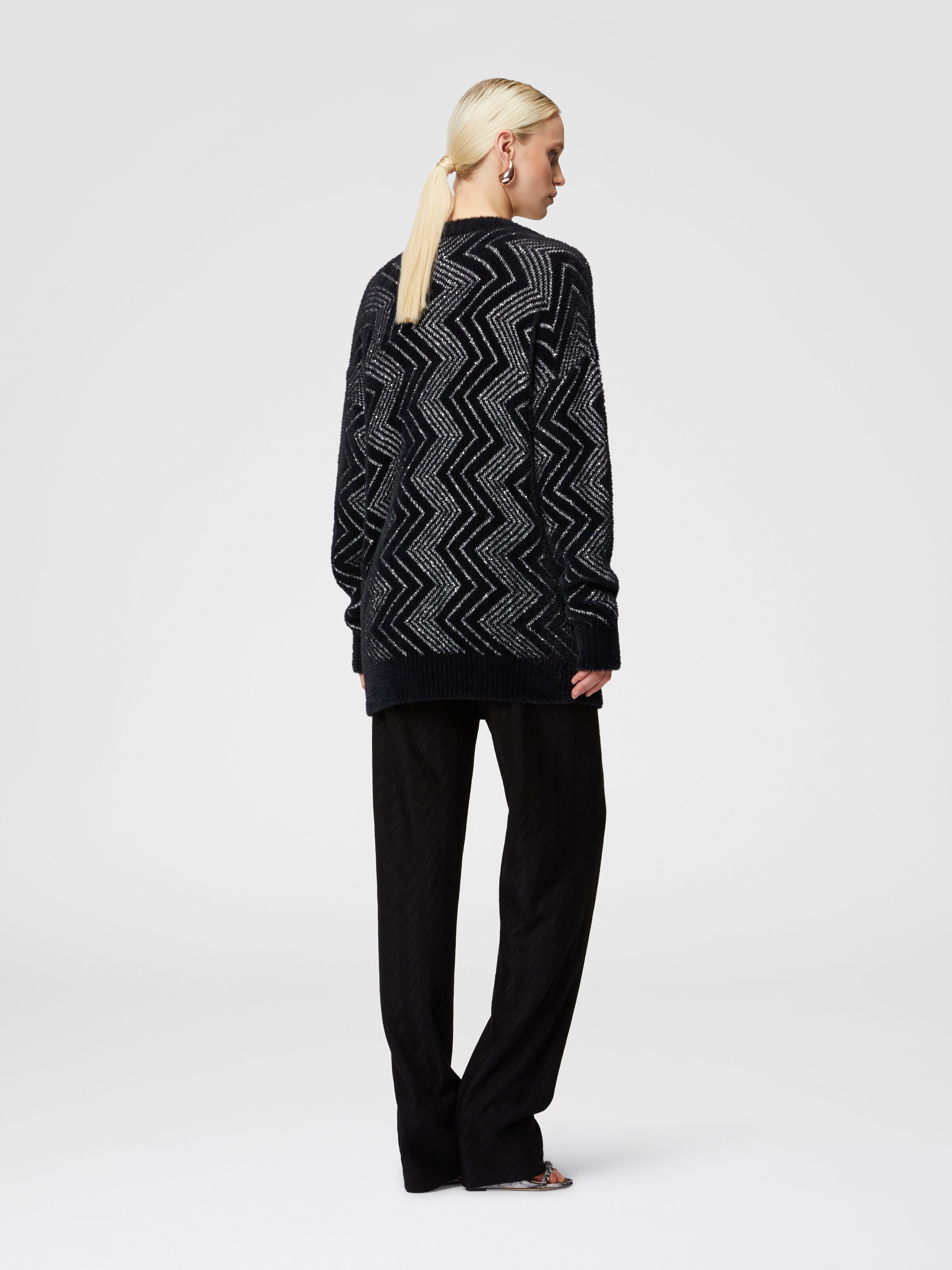 Oversized zig zag cardigan with sequins, Black & Silver - 2