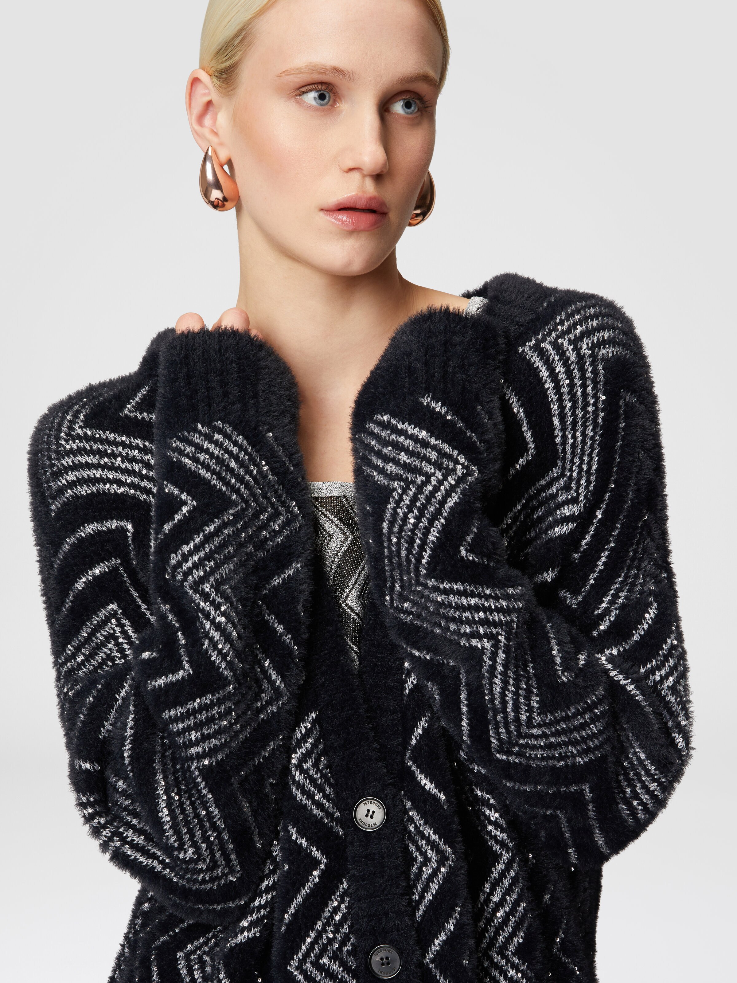Oversized zig zag cardigan with sequins, Black & Silver - 3