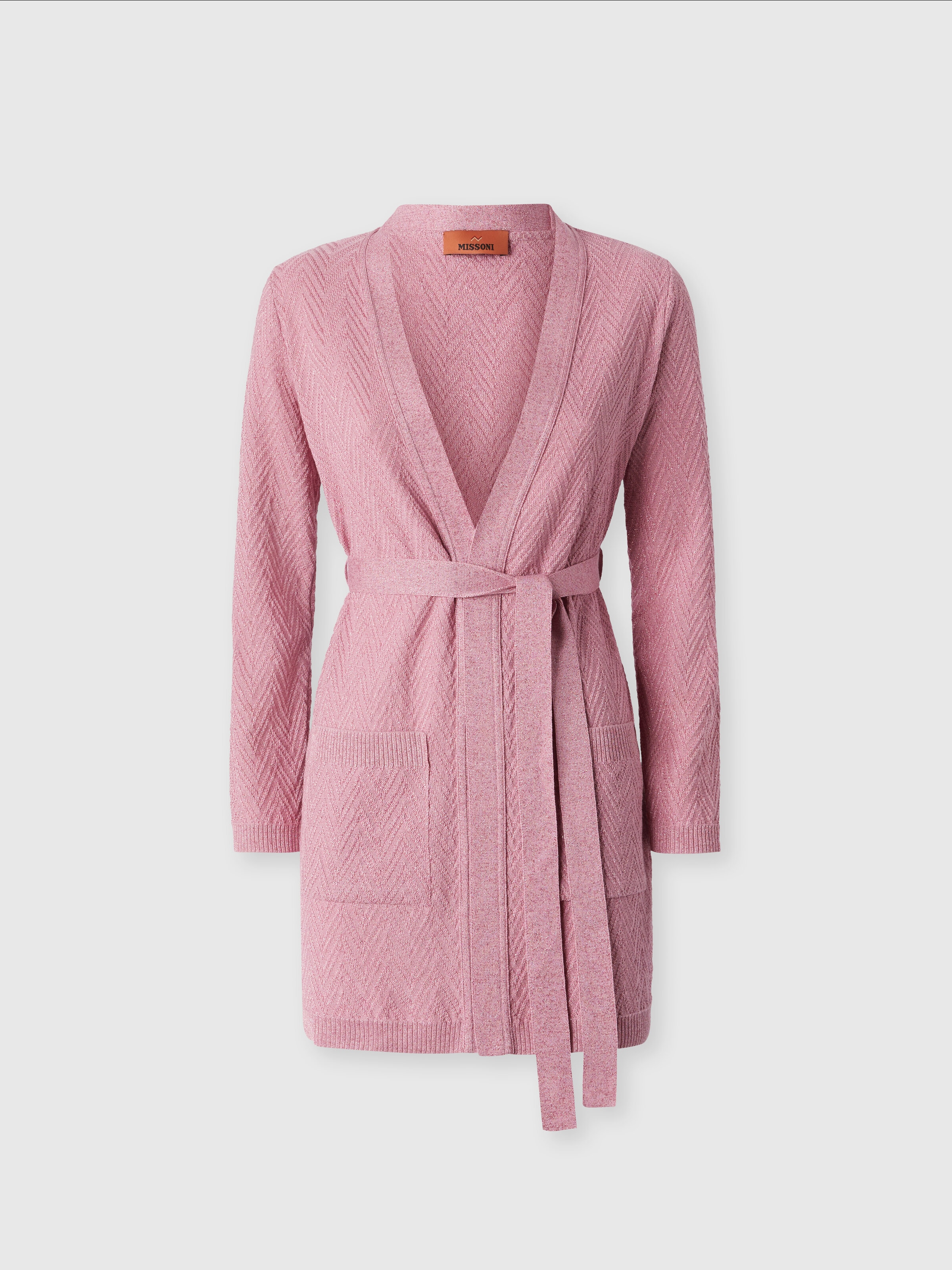Gürtel-Cardigan mit Chevron-Jacquard-Muster, Rosa   - 0