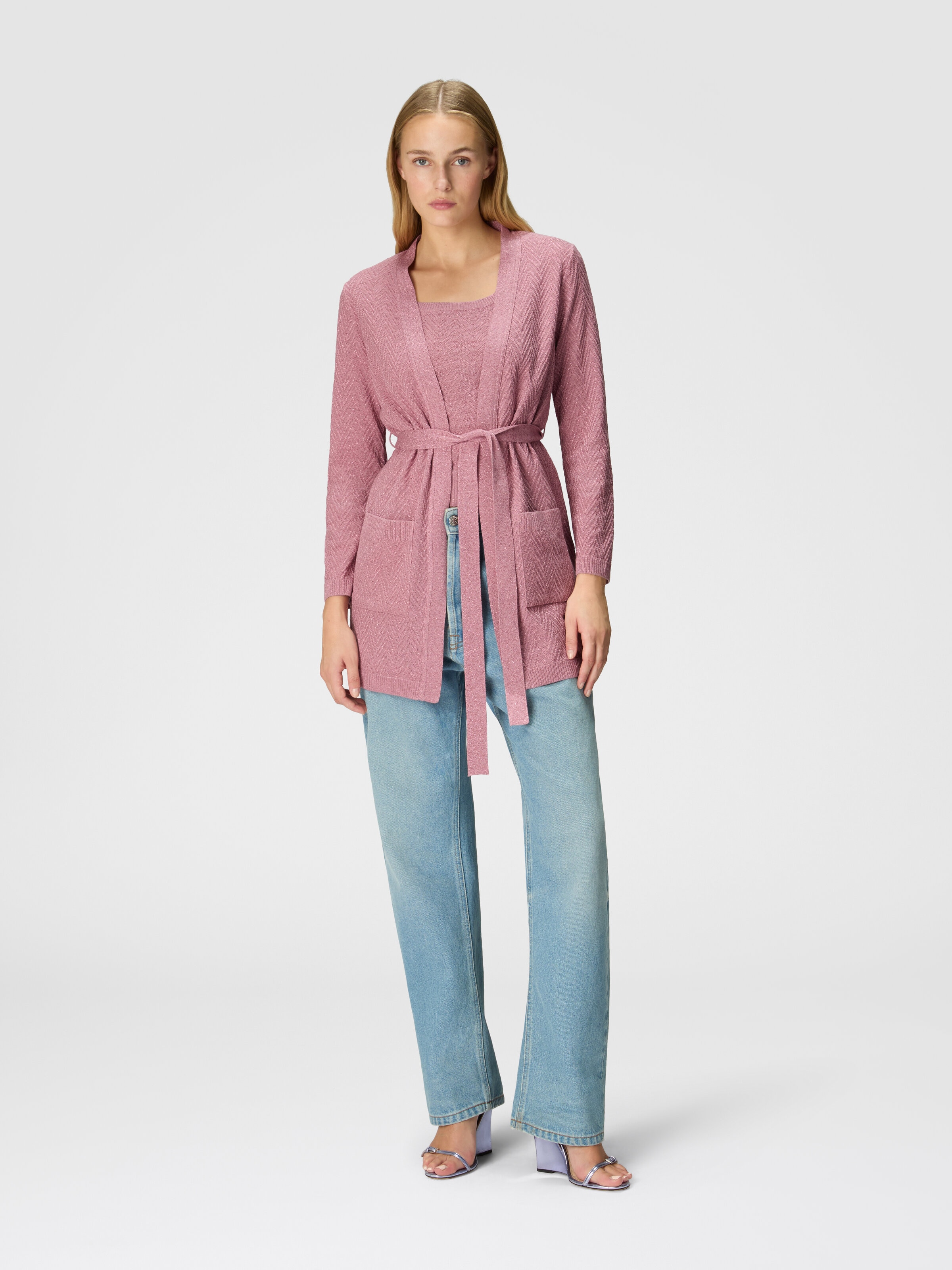 Gürtel-Cardigan mit Chevron-Jacquard-Muster, Rosa   - 1