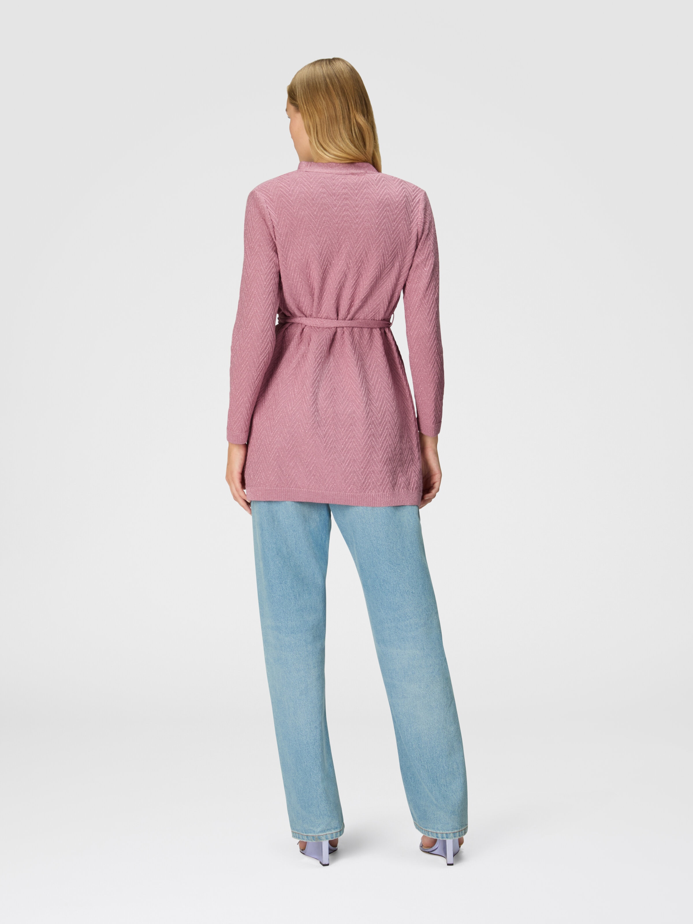 Gürtel-Cardigan mit Chevron-Jacquard-Muster, Rosa   - 2
