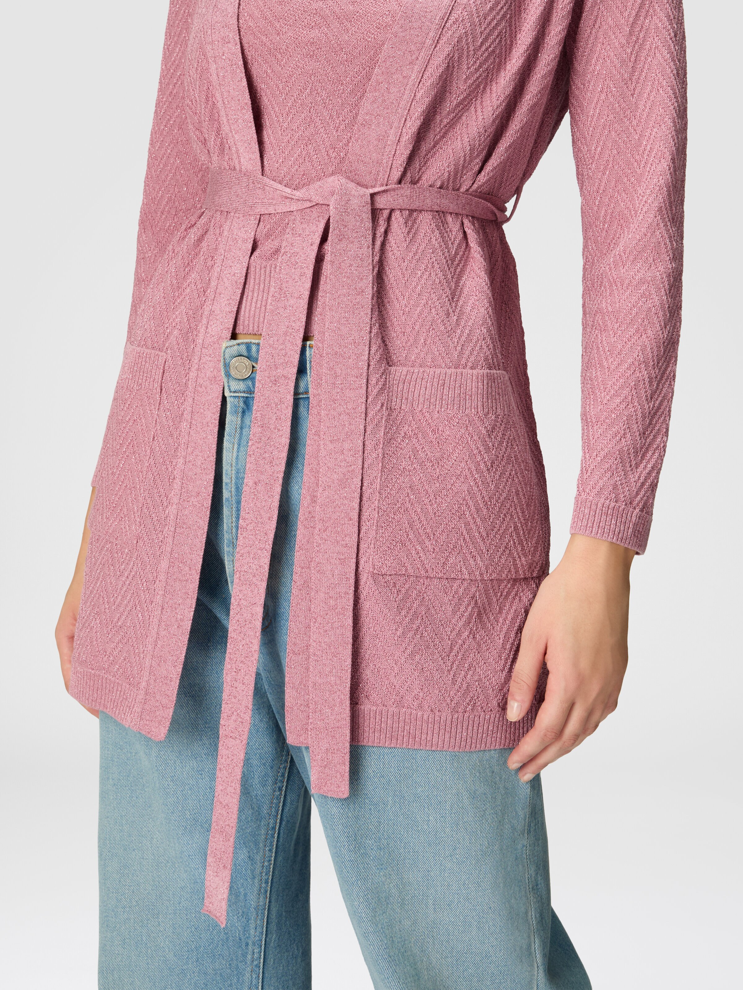 Gürtel-Cardigan mit Chevron-Jacquard-Muster, Rosa   - 4