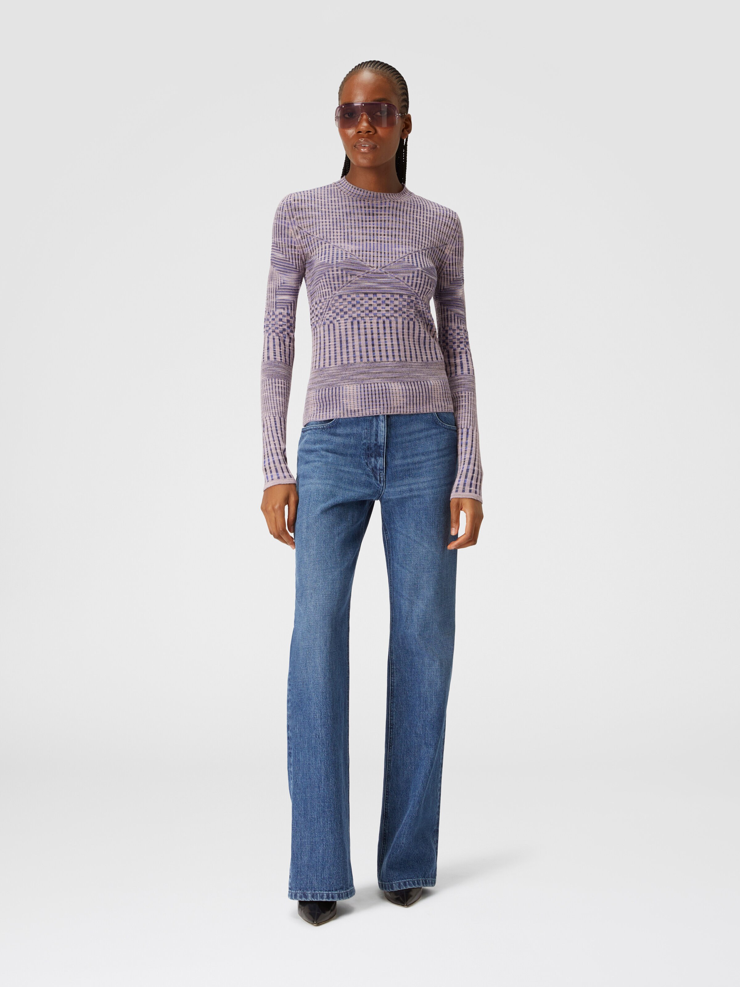Pull à col rond en maille de laine flammée, Bleu - 1