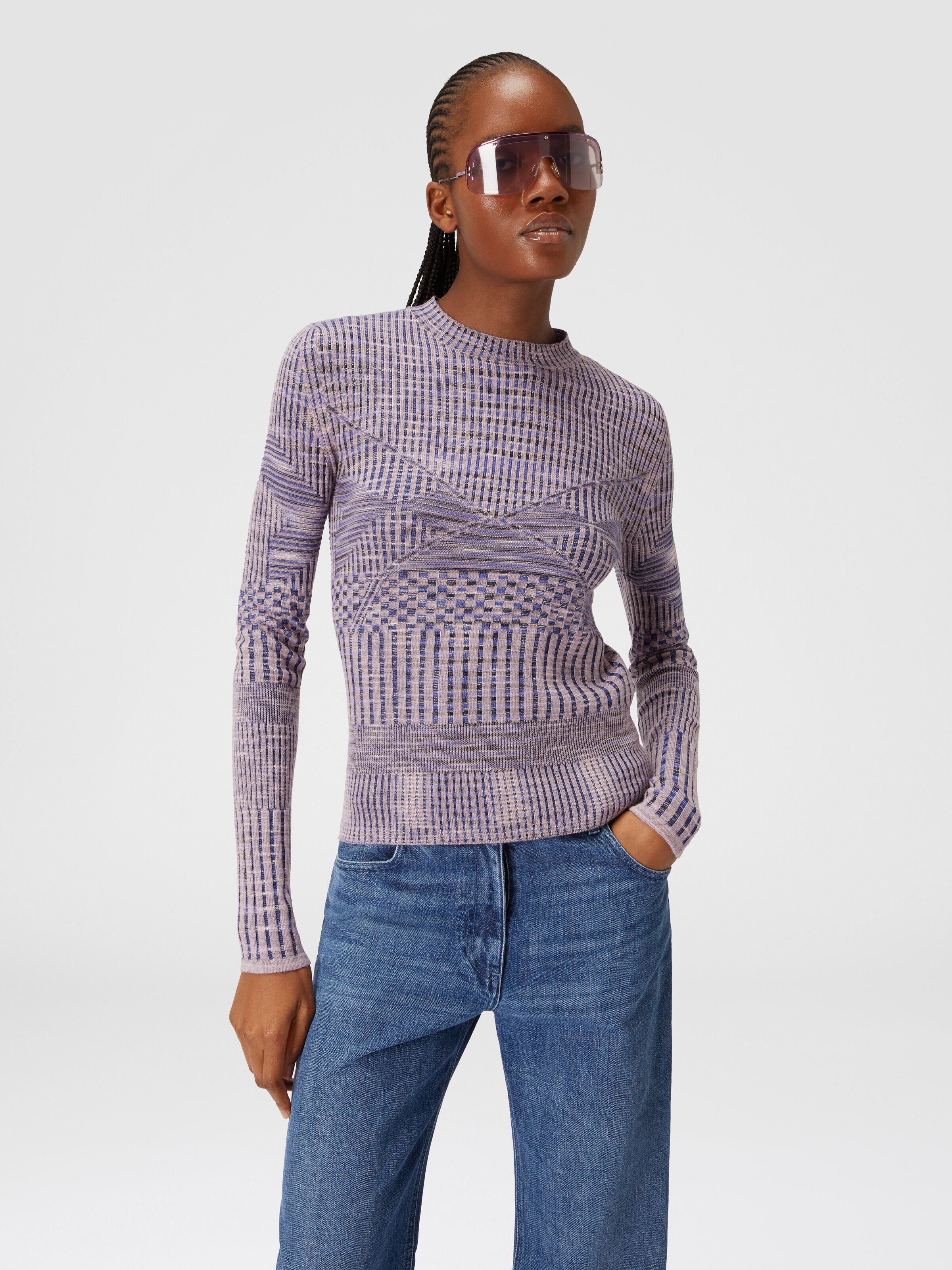 Pull à col rond en maille de laine flammée, Bleu - 3