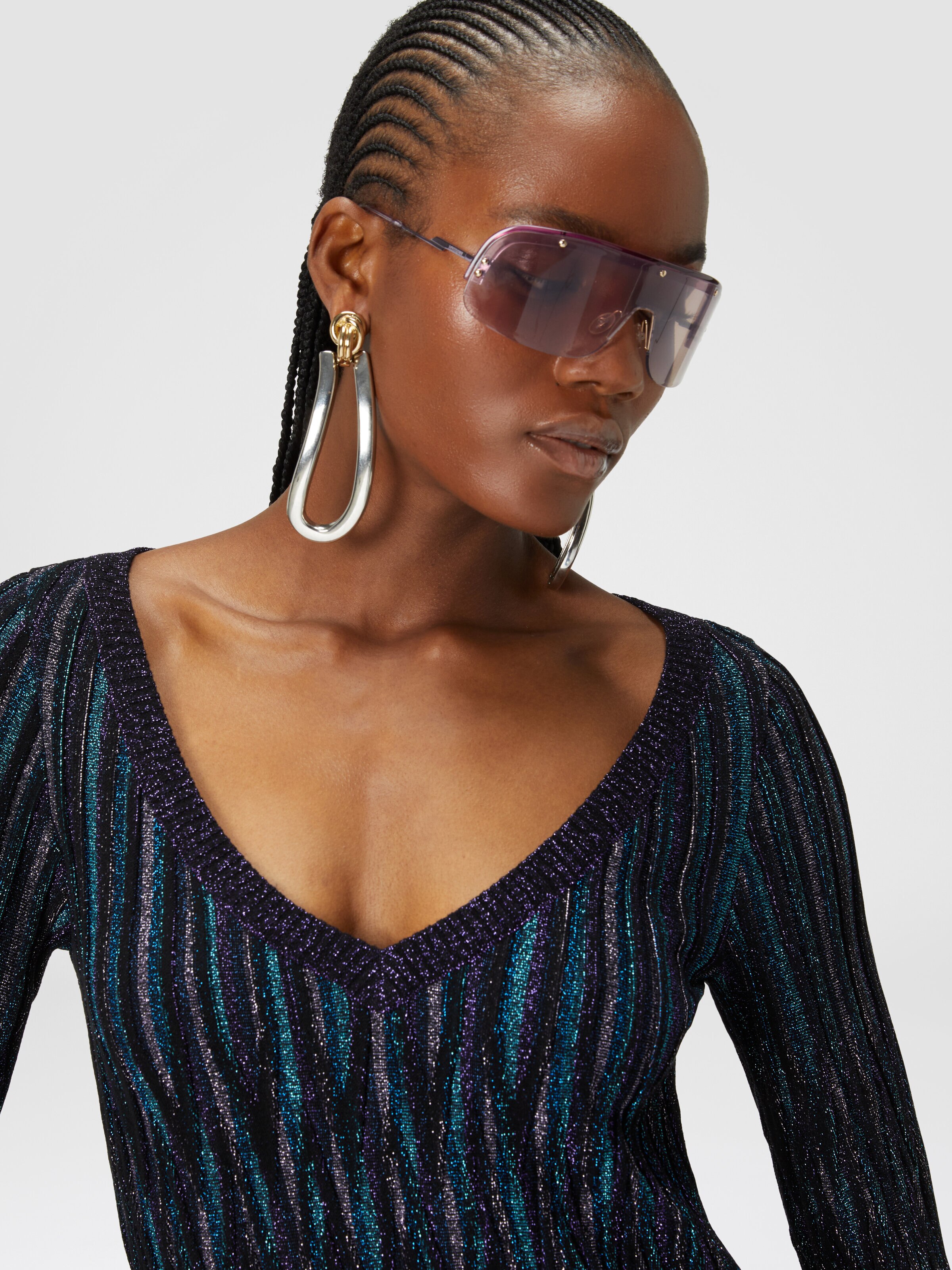 Jersey con cuello en V y motivo de lamé de diamantes, Multicolor  - 4
