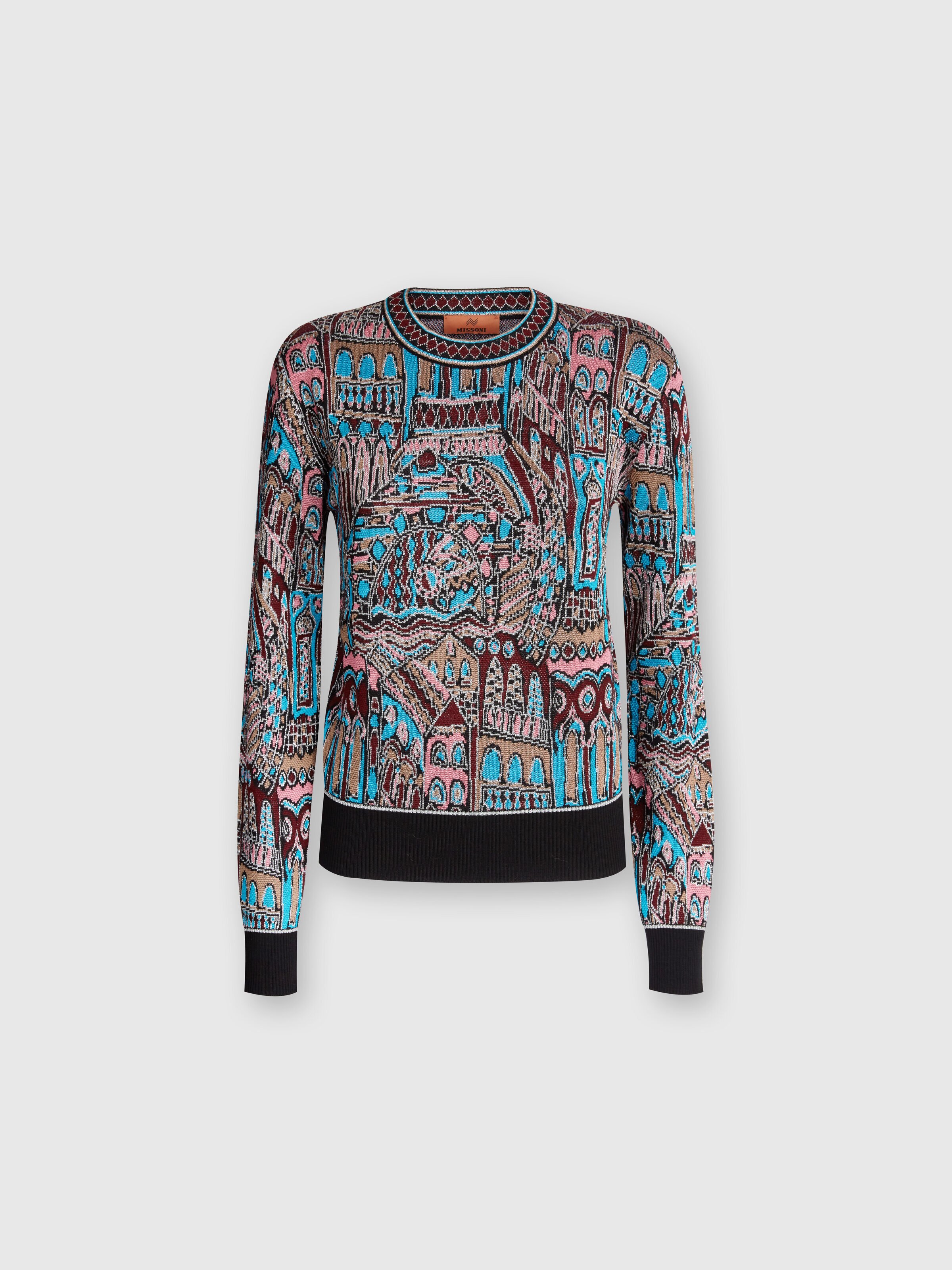Crewneck pullover in wool and viscose with Venezia motif, Multicoloured  - 0