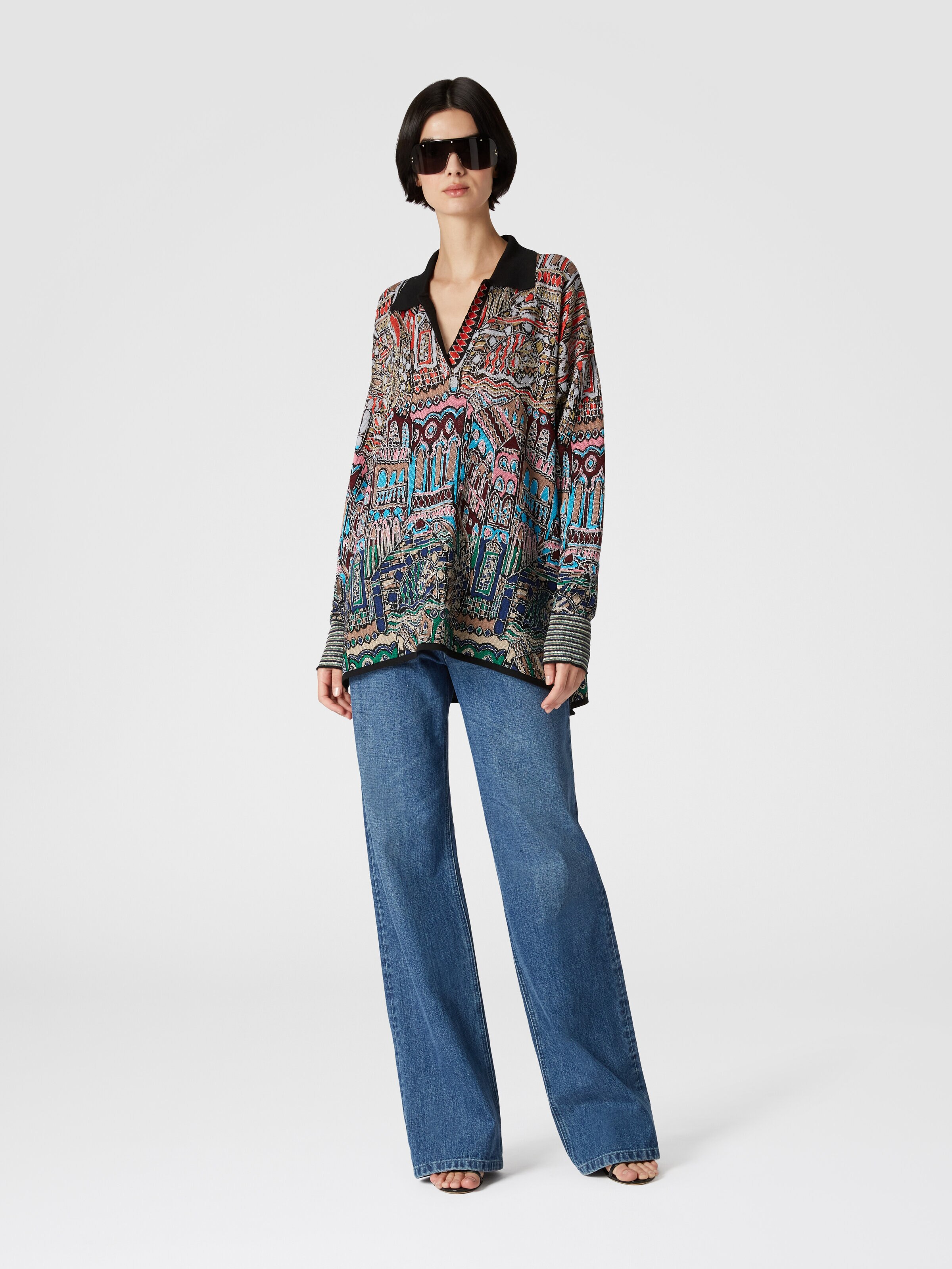 Oversized polo shirt in wool and viscose knit with Venezia motif, Multicoloured  - 1