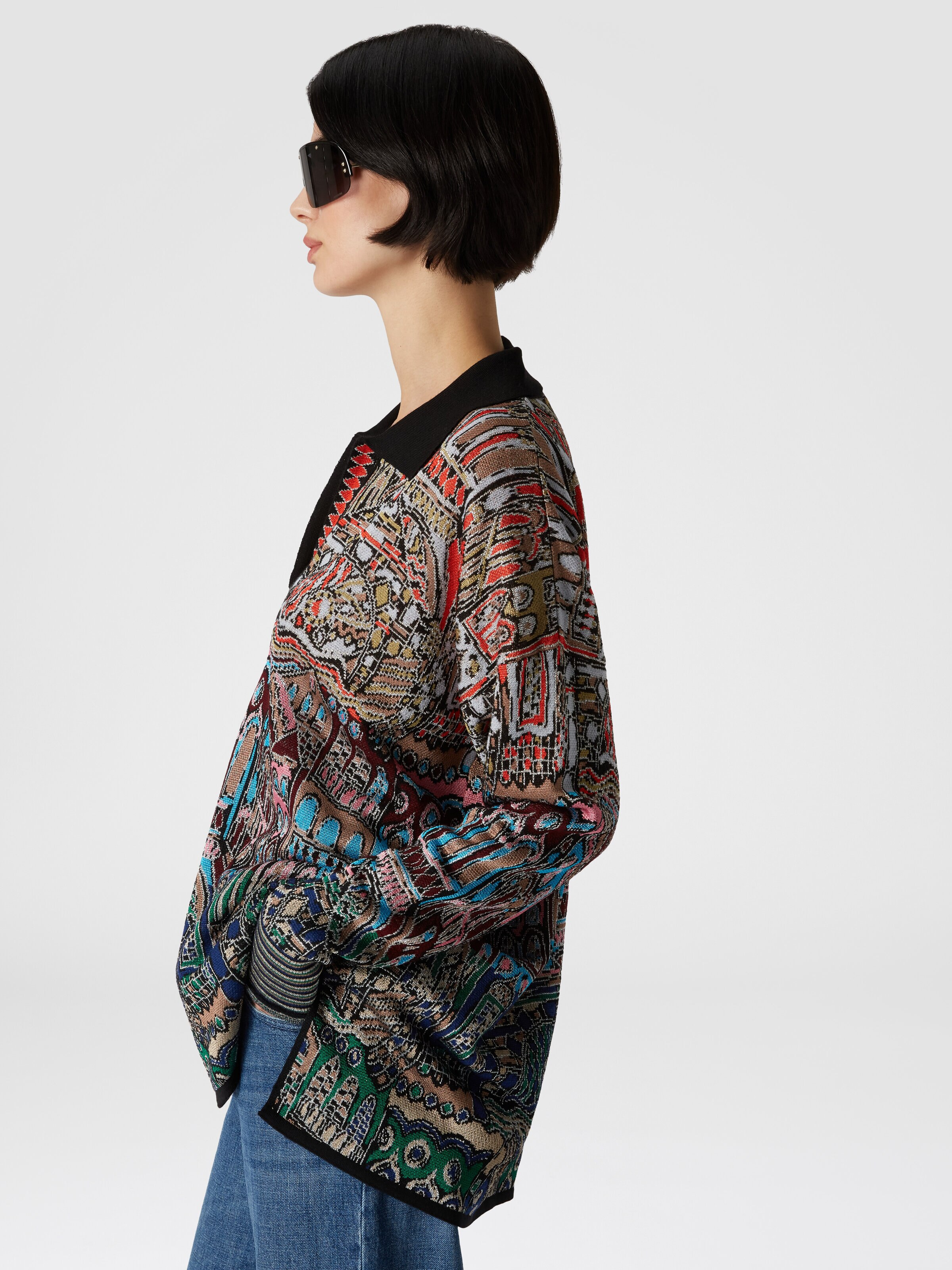 Oversized polo shirt in wool and viscose knit with Venezia motif, Multicoloured  - 3