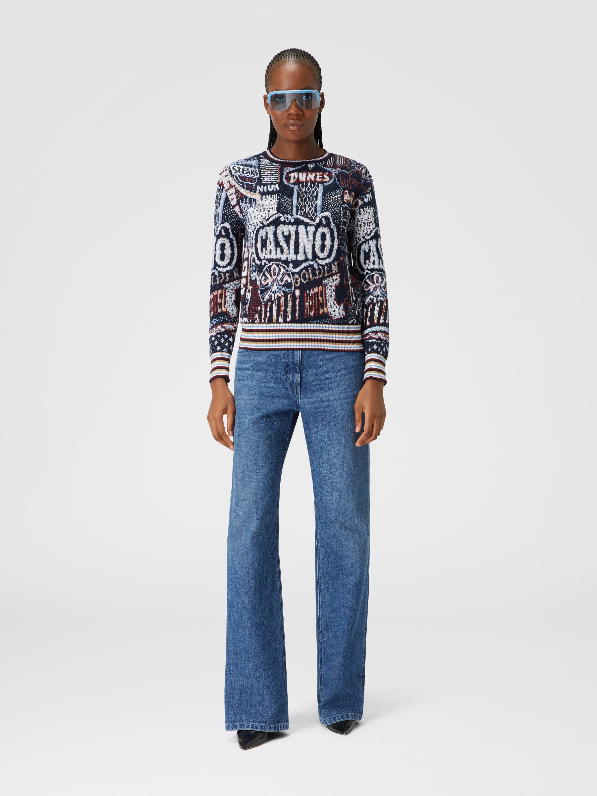 Crewneck pullover in wool blend with jacquard lettering, Multicoloured  - 1
