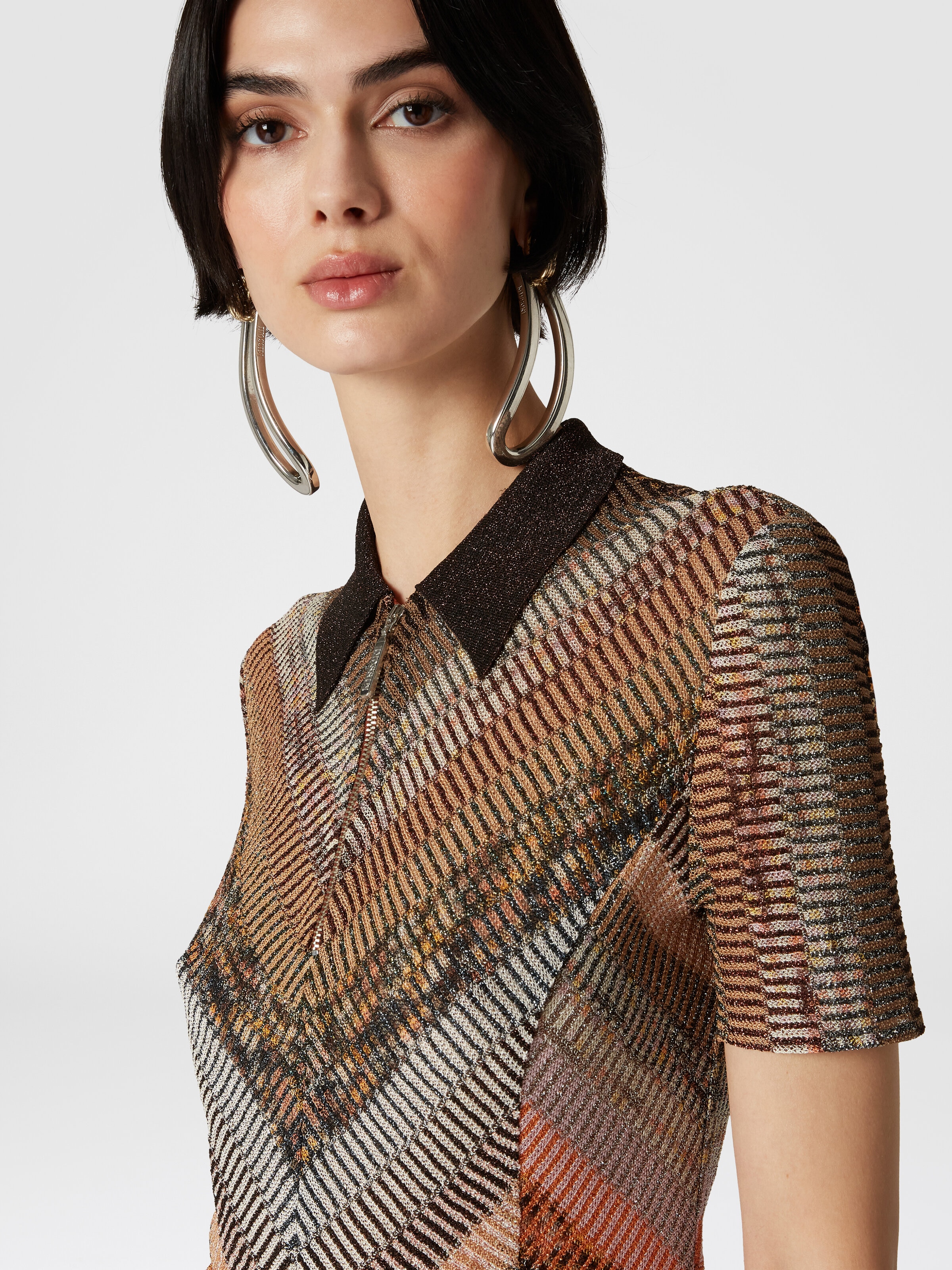 Short-sleeved lamé knit polo shirt, Multicoloured  - 4