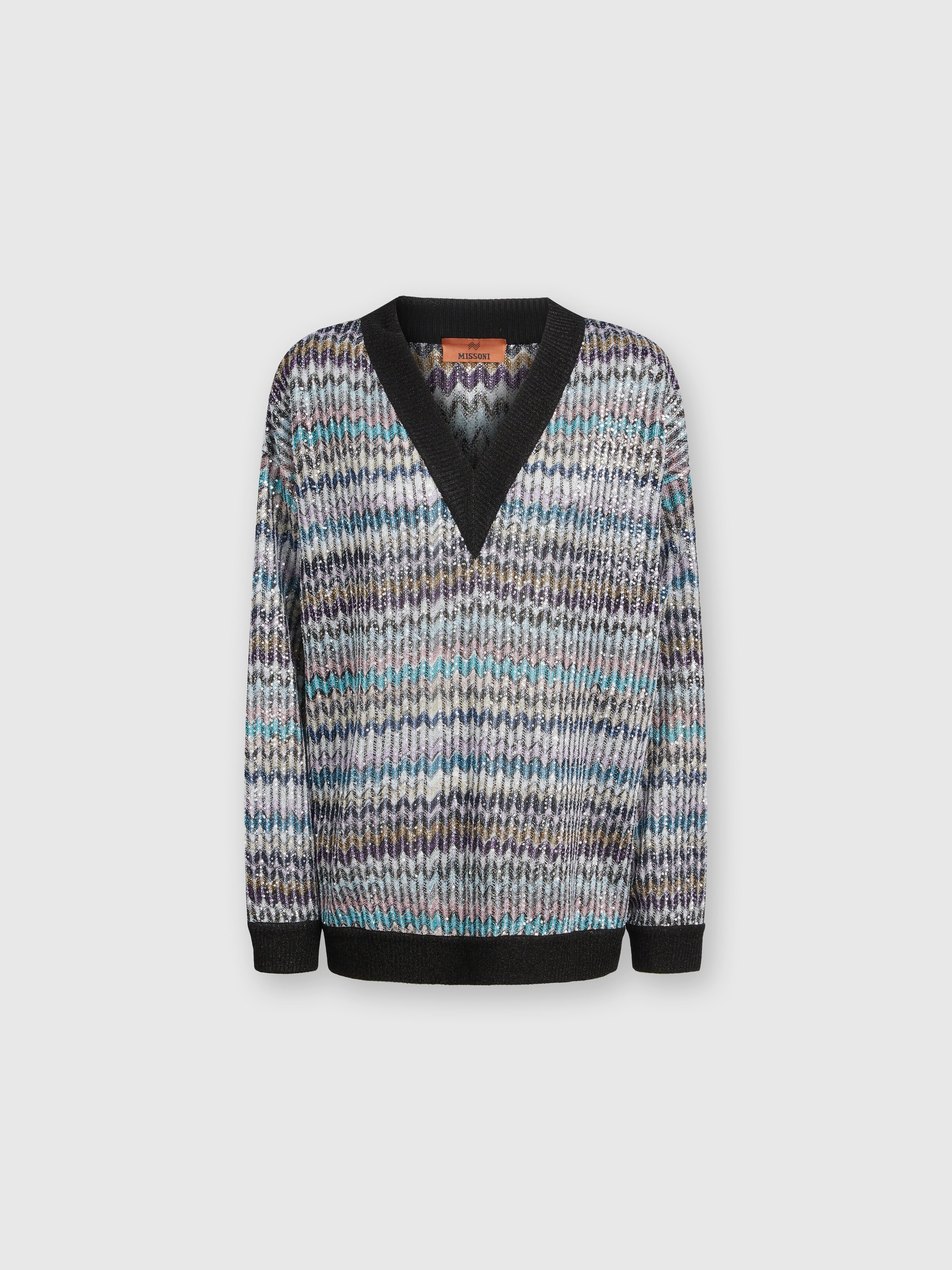 Pull oversize col V à sequins, Multicolore  - 0