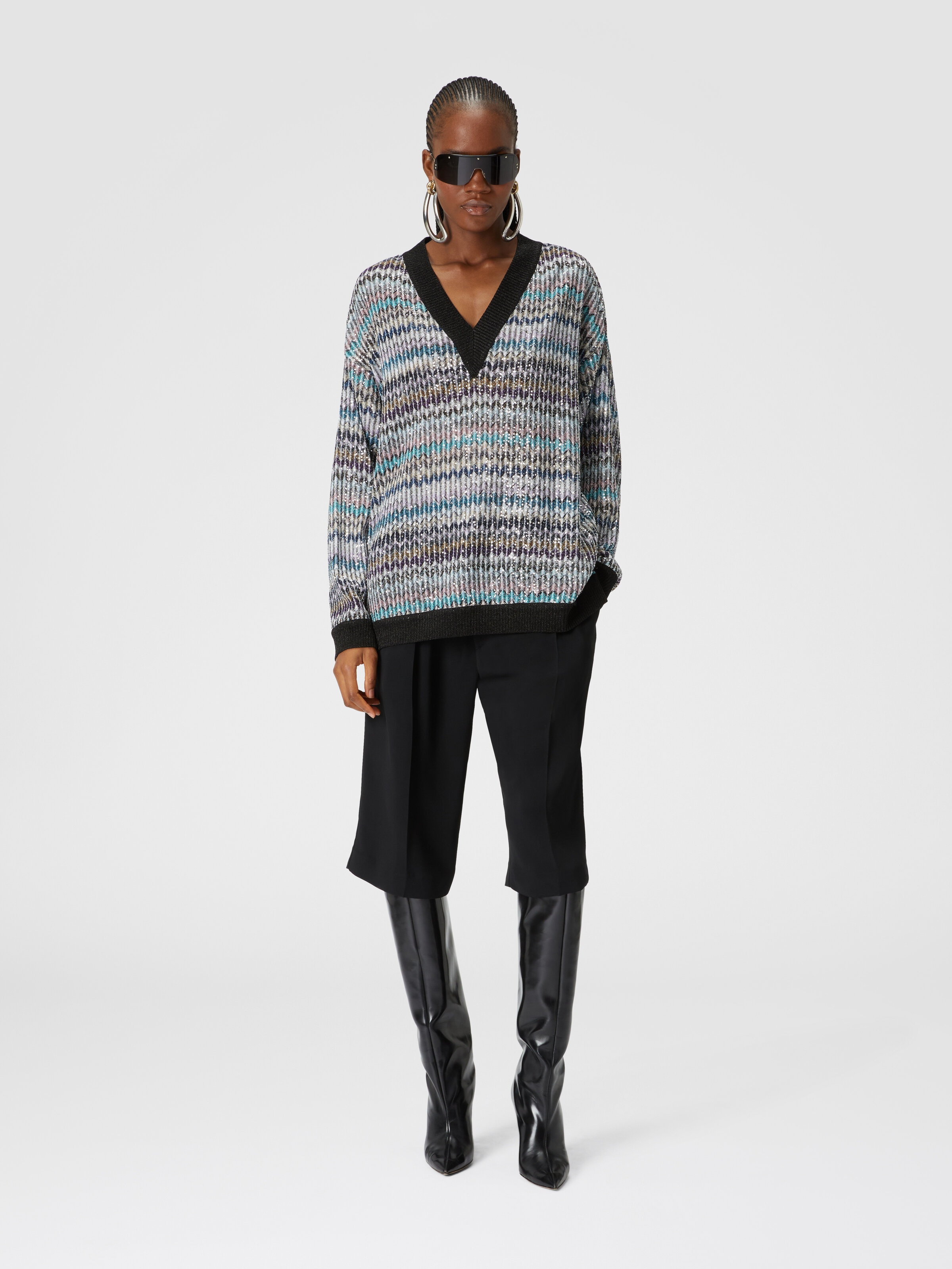 Pull oversize col V à sequins, Multicolore  - 1
