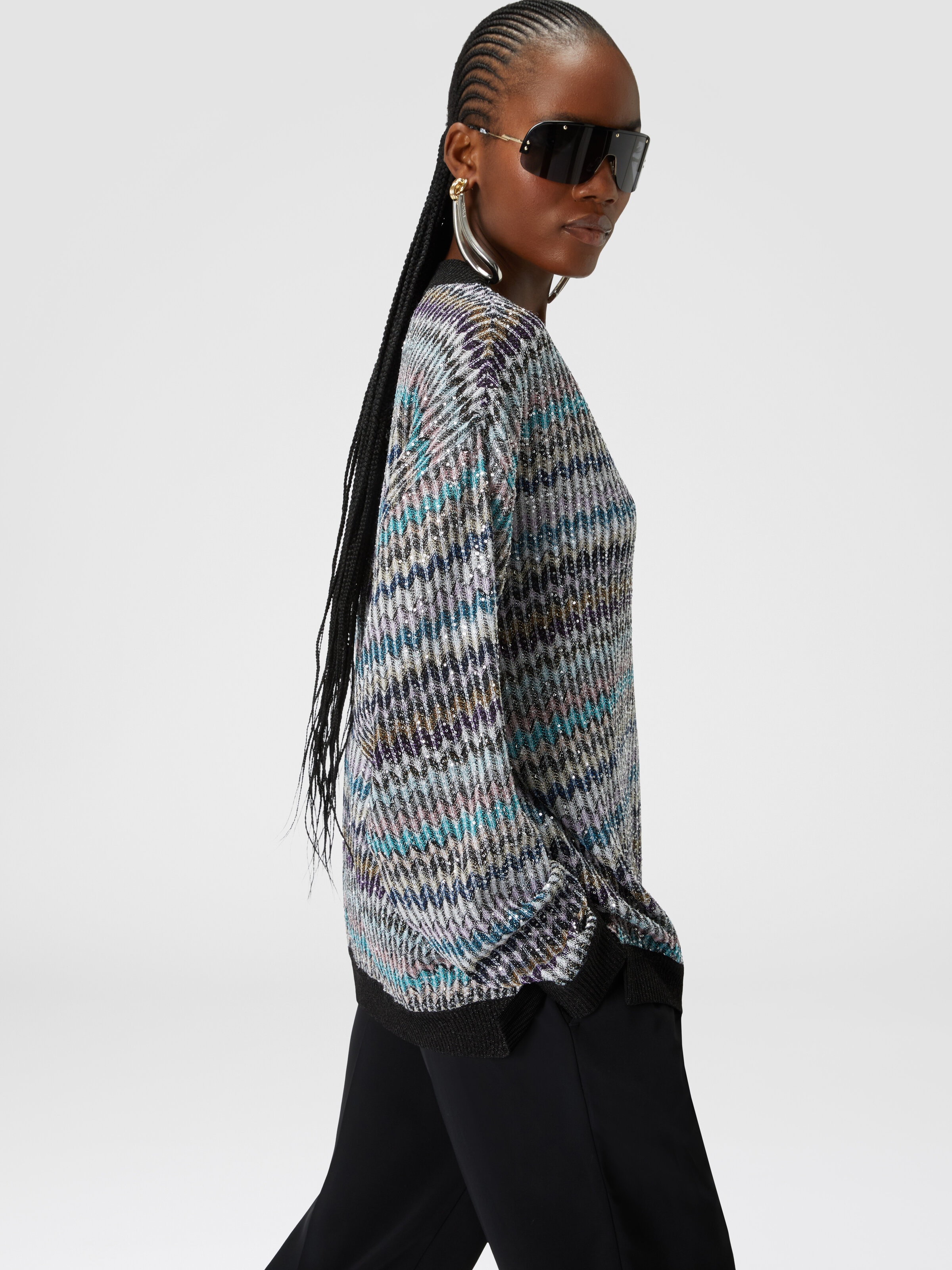 Pull oversize col V à sequins, Multicolore  - 3