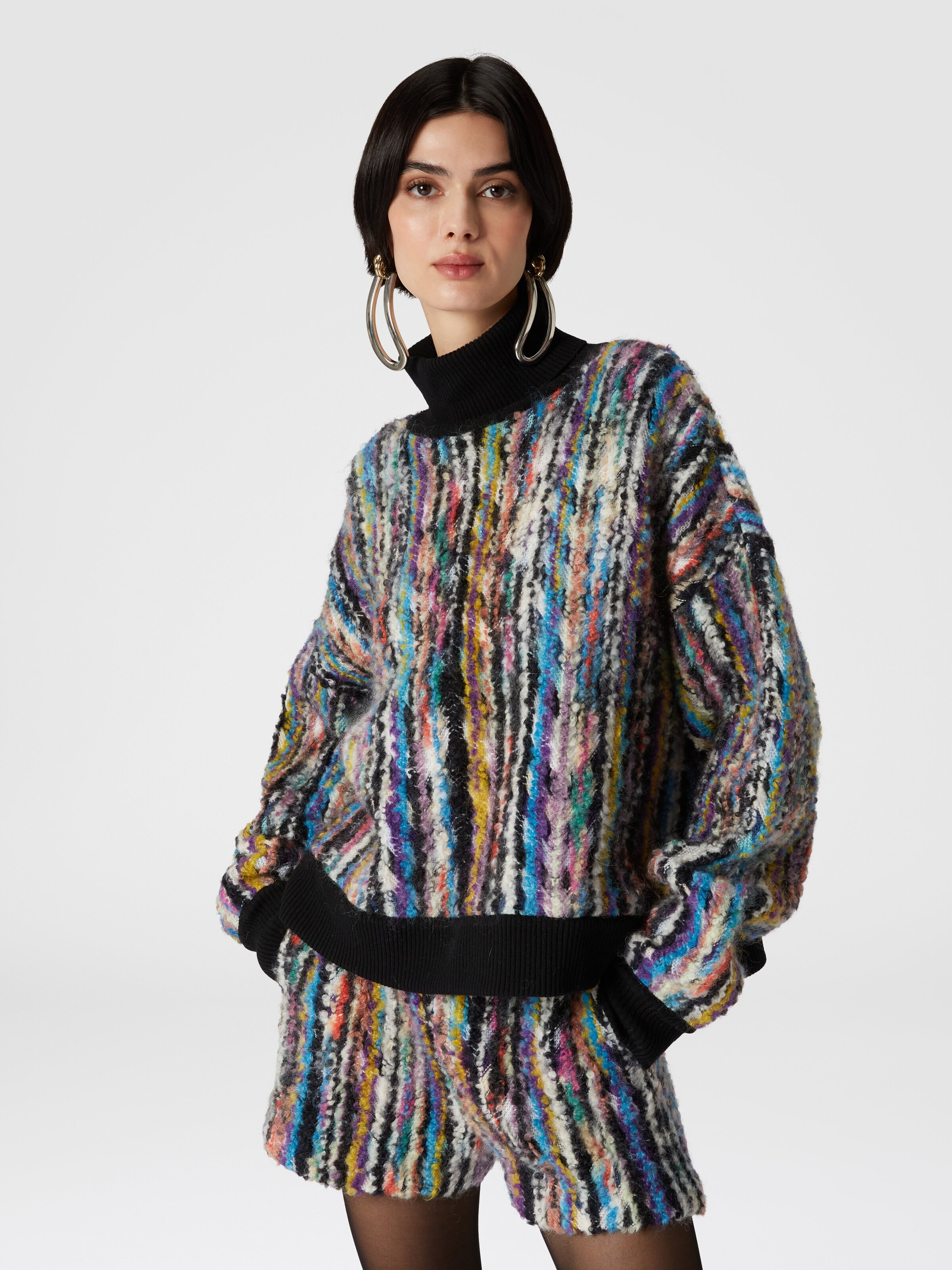 High-neck pullover in wool and bouclé mohair, Black & Multicoloured  - 3