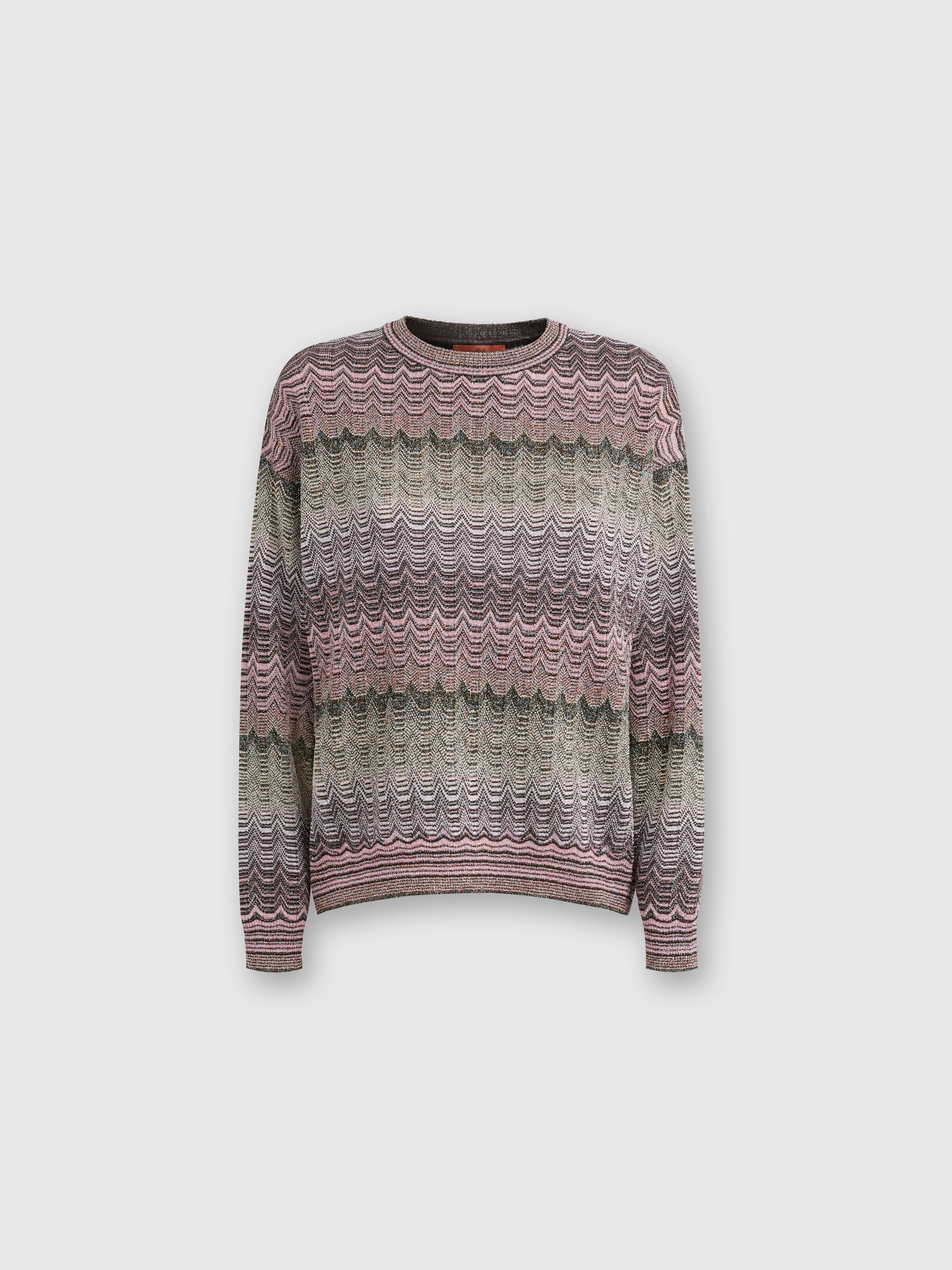 Crewneck pullover with lamé zigzag Greek motif, Multicoloured  - 0