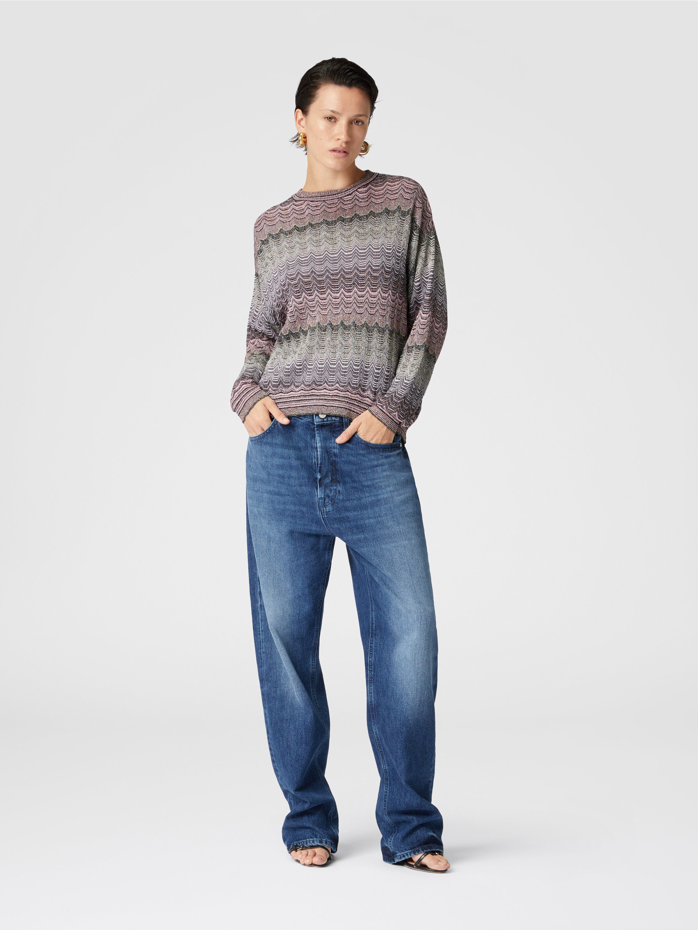 Crewneck pullover with lamé zigzag Greek motif, Multicoloured  - 1