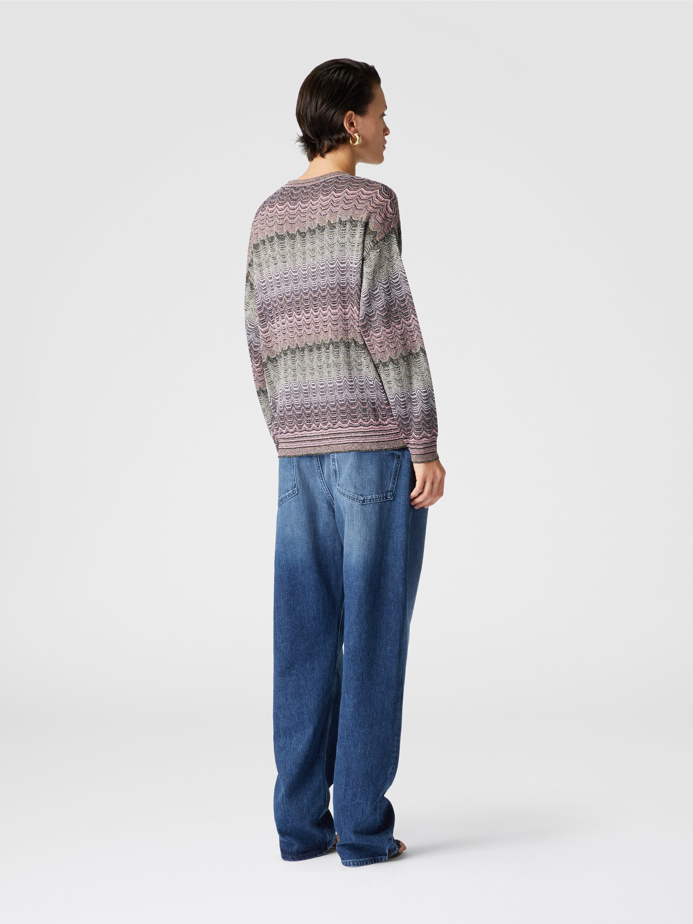 Crewneck pullover with lamé zigzag Greek motif, Multicoloured  - 2