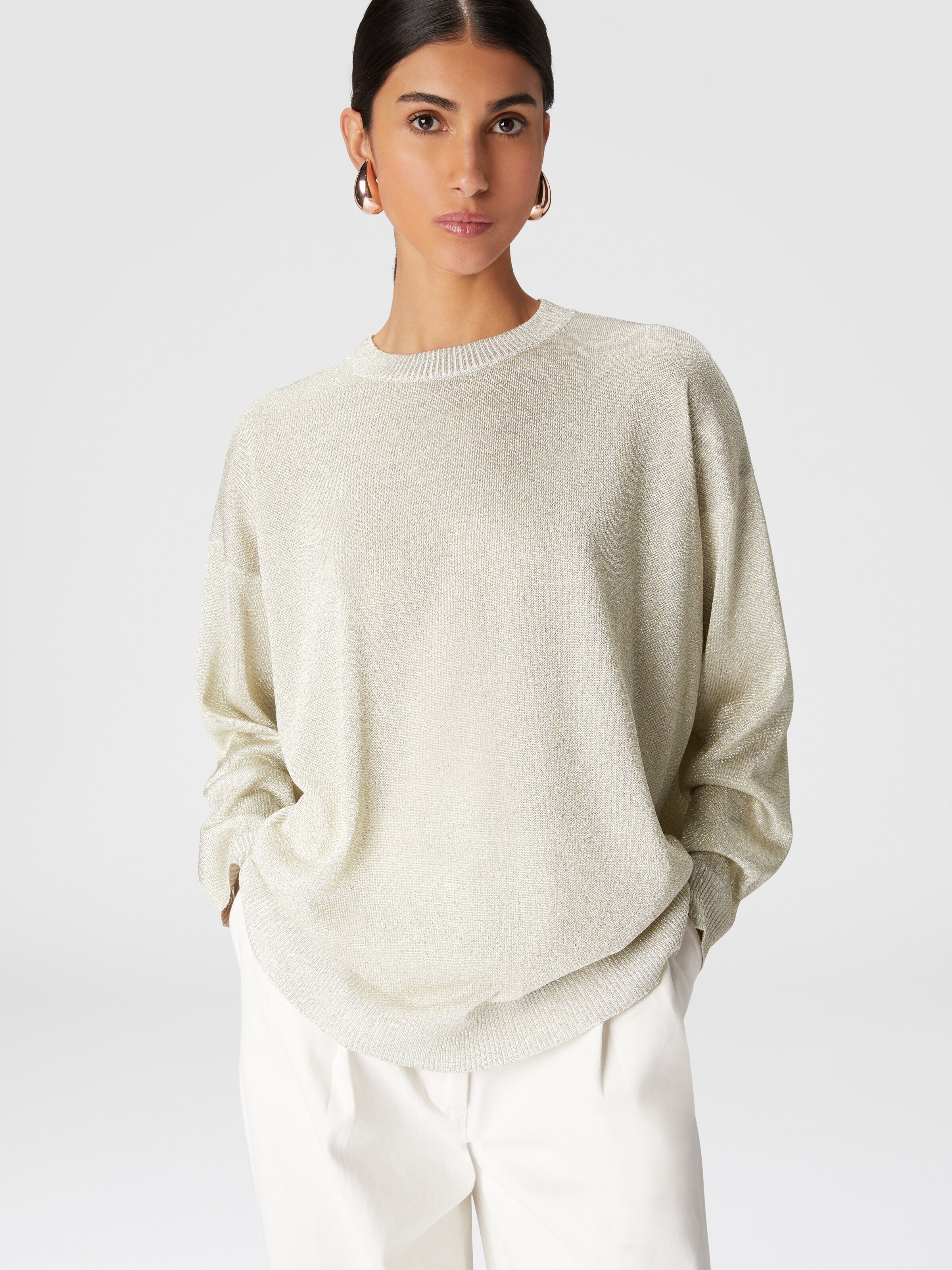 Crewneck pullover in viscose with glitter effect, White & Gold - 3