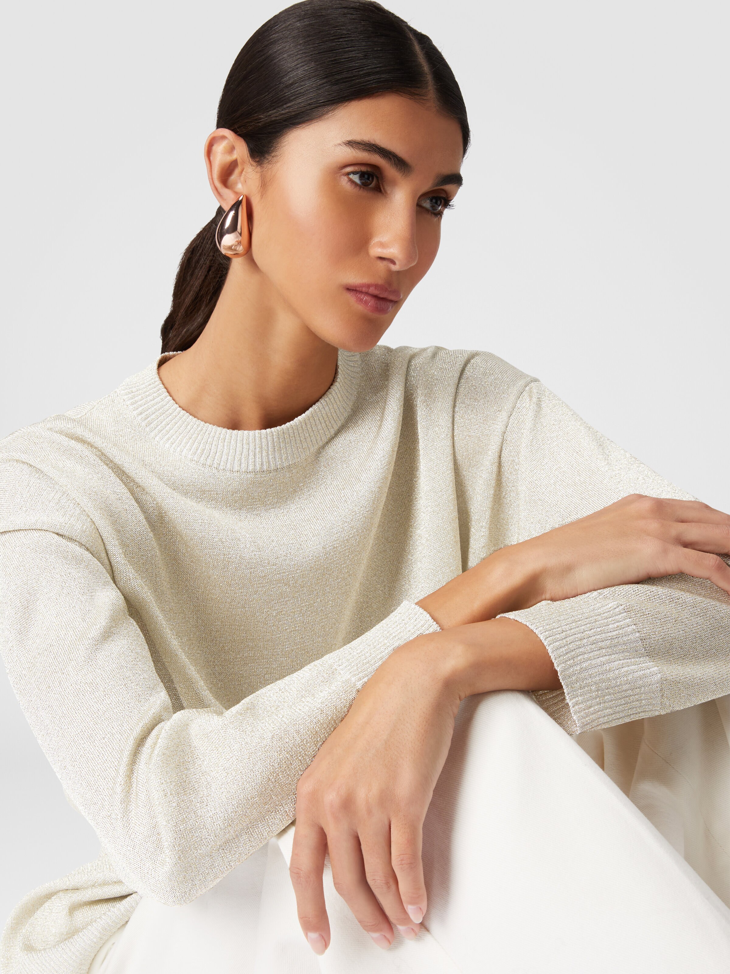 Crewneck pullover in viscose with glitter effect, White & Gold - 4