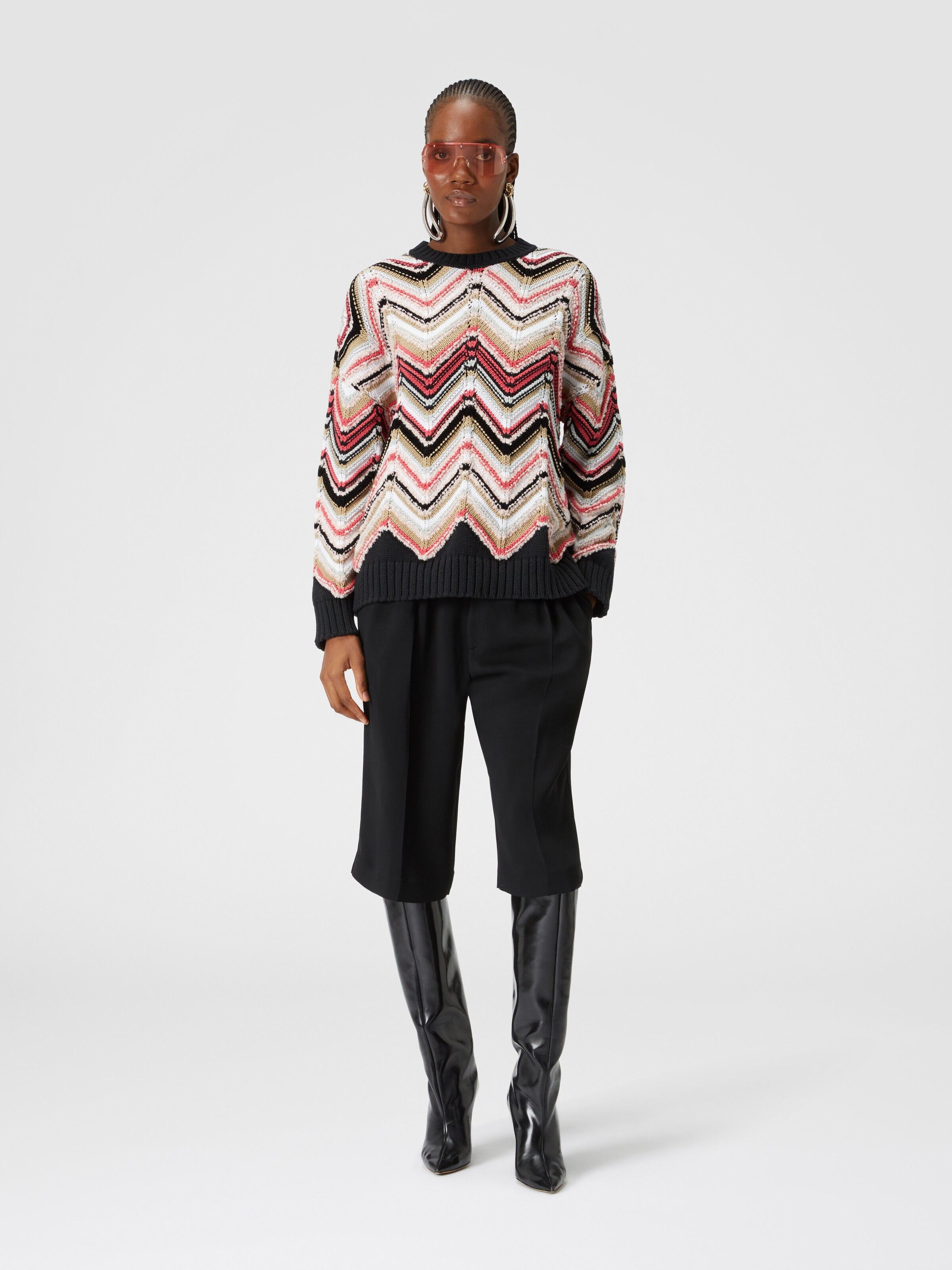Crewneck pullover in zigzag wool blend, Multicoloured  - 1