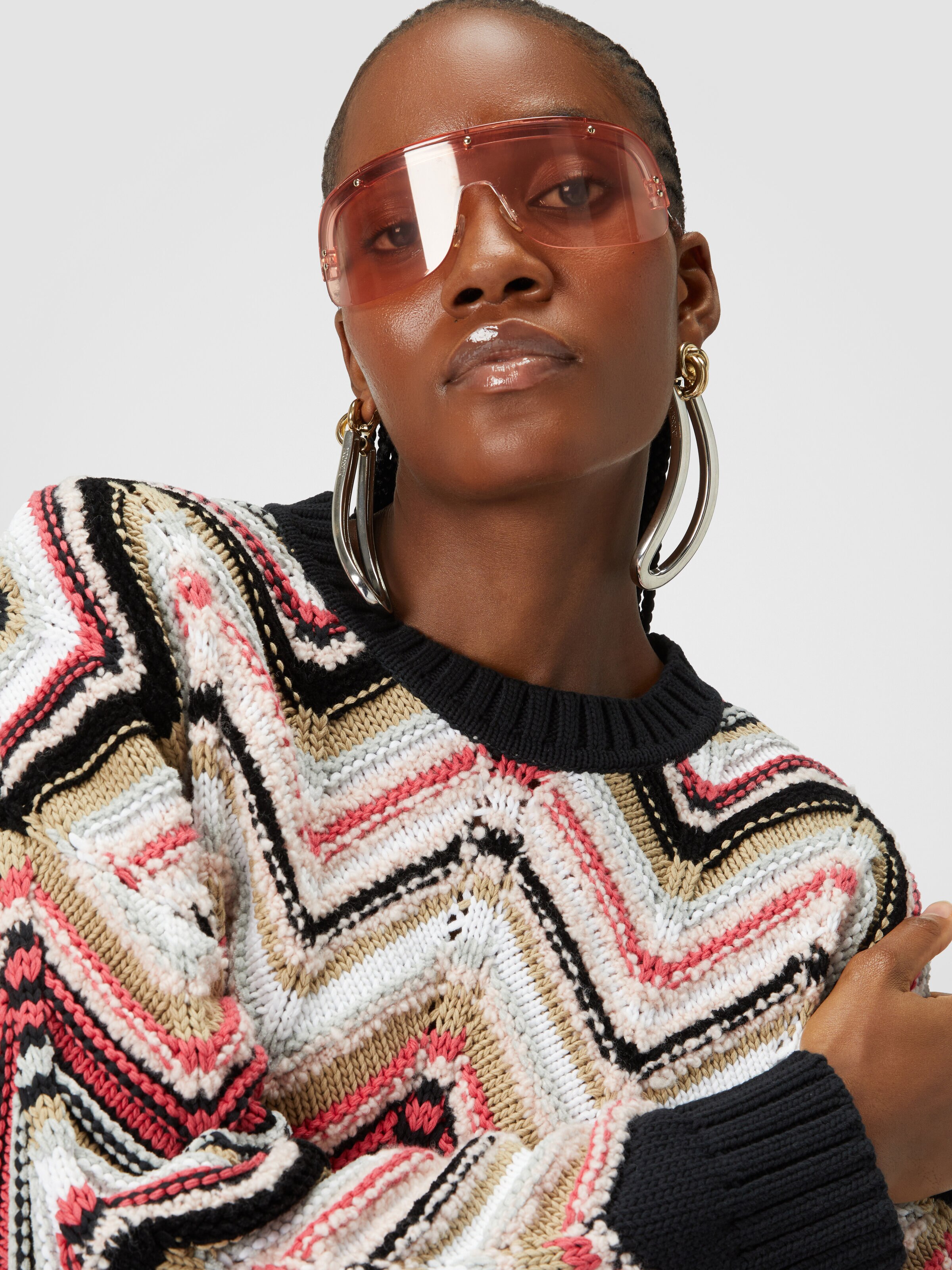 Crewneck pullover in zigzag wool blend, Multicoloured  - 4
