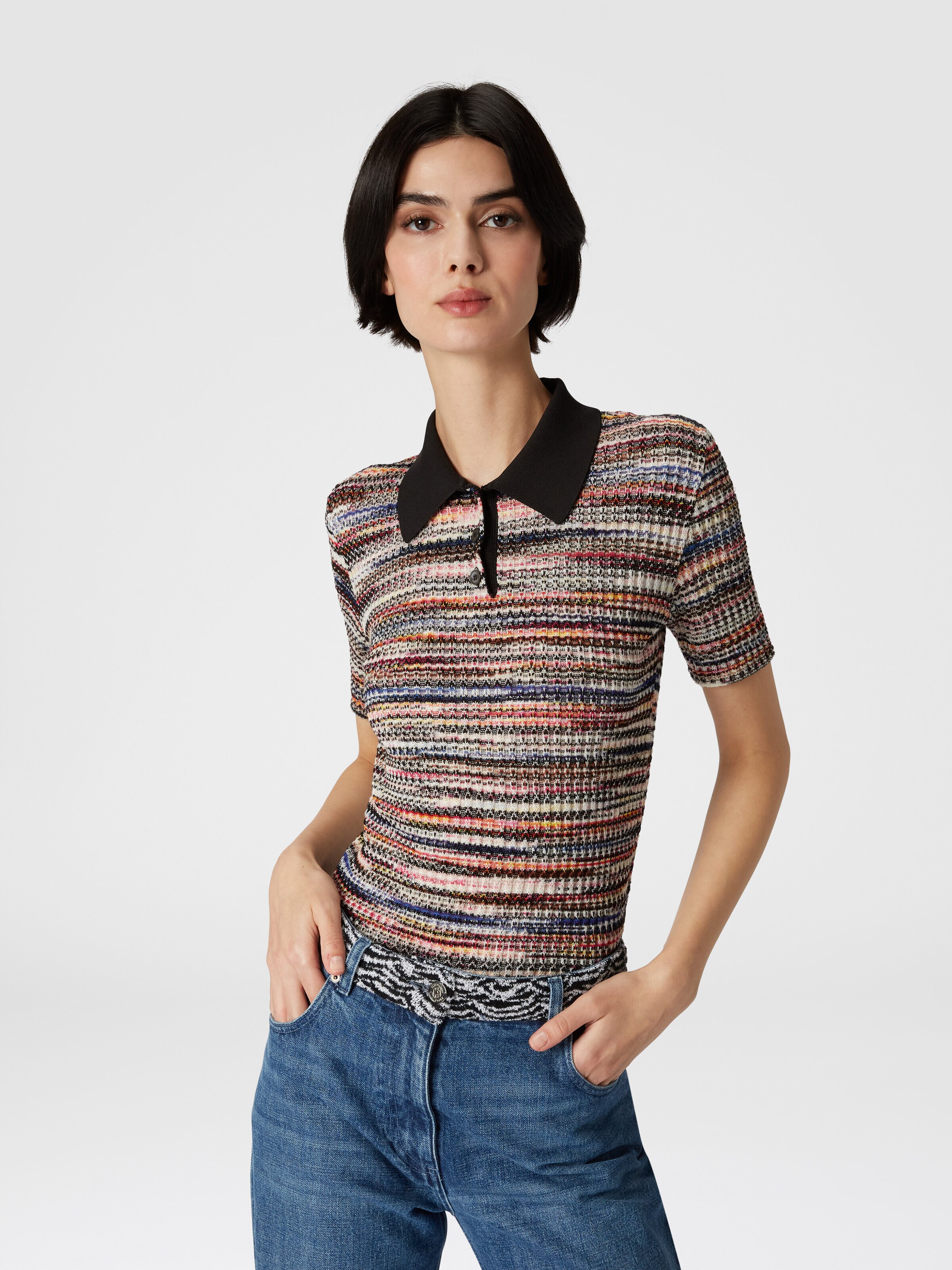Short-sleeved polo shirt in wool and viscose knit, Multicoloured  - 3